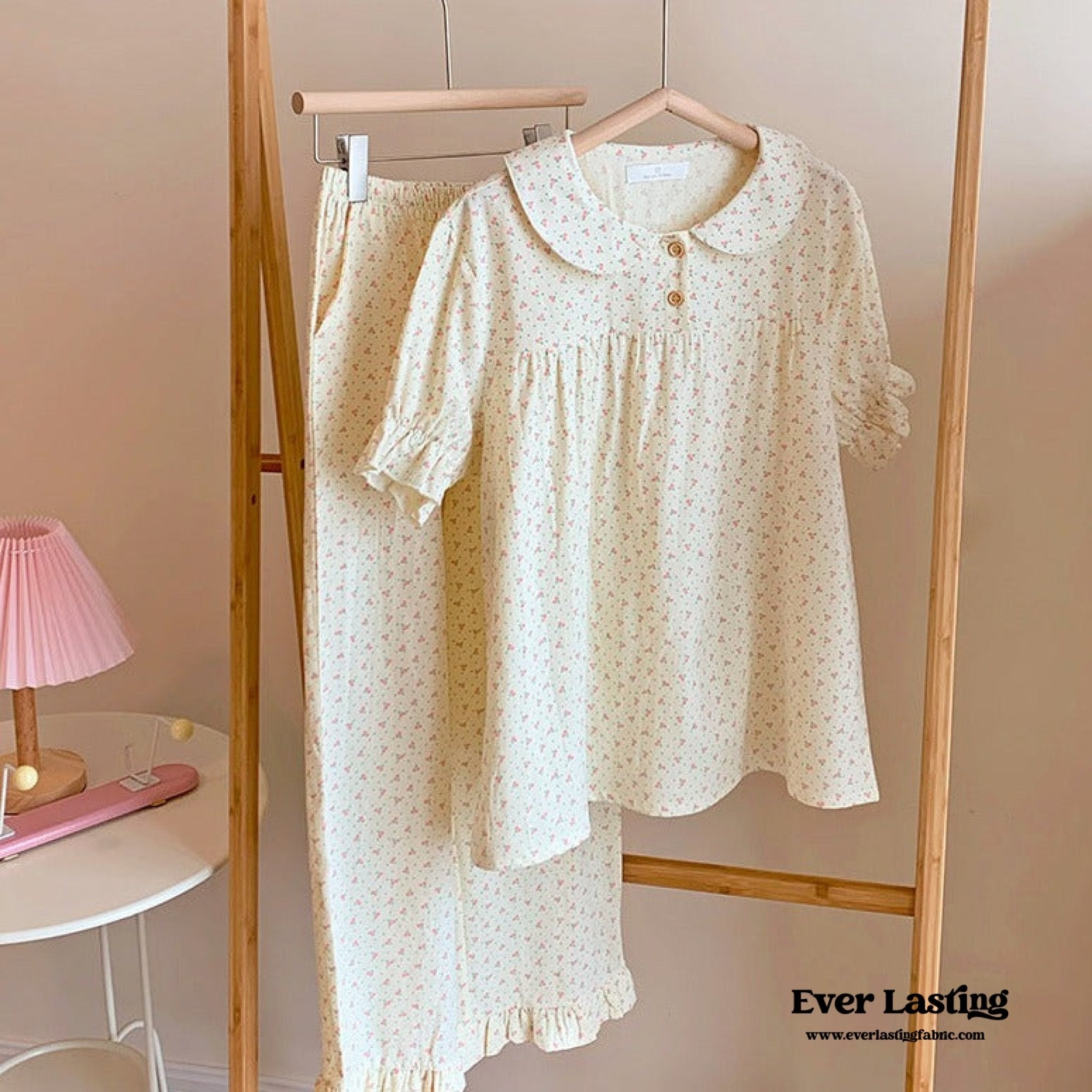 Cream Floral Quarter Sleeves & Long Pants Pajama Set - Ever Lasting