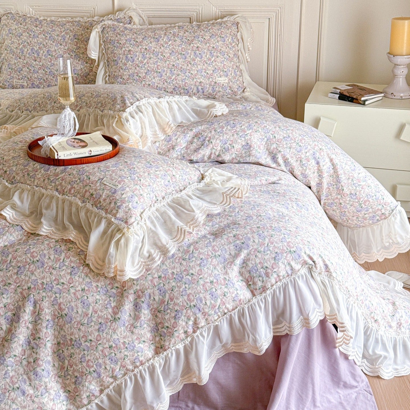 Delicate Floral Lace Ruffled Bedding Set / Pink - Ever Lasting