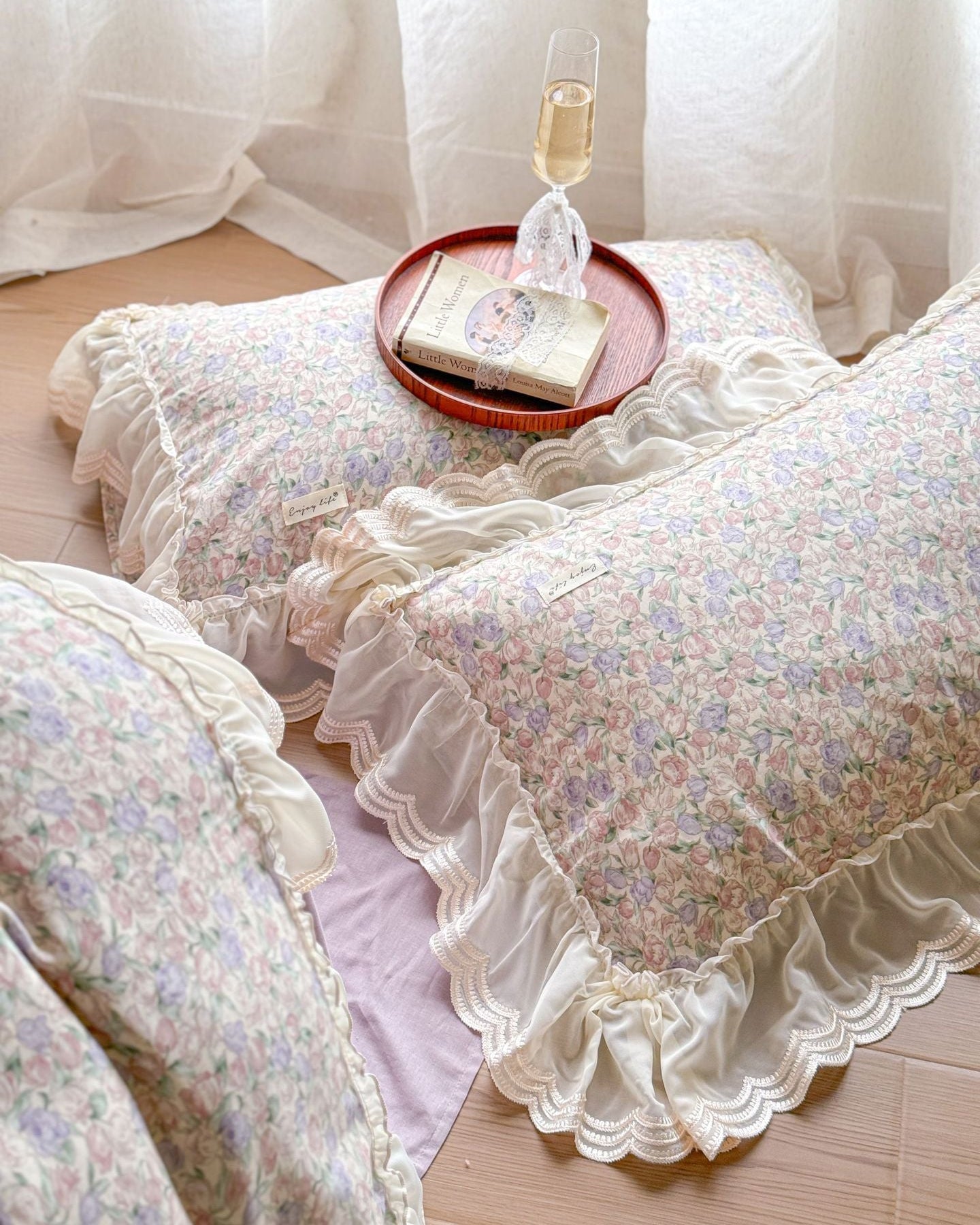 Delicate Floral Lace Ruffled Bedding Set / Pink - Ever Lasting