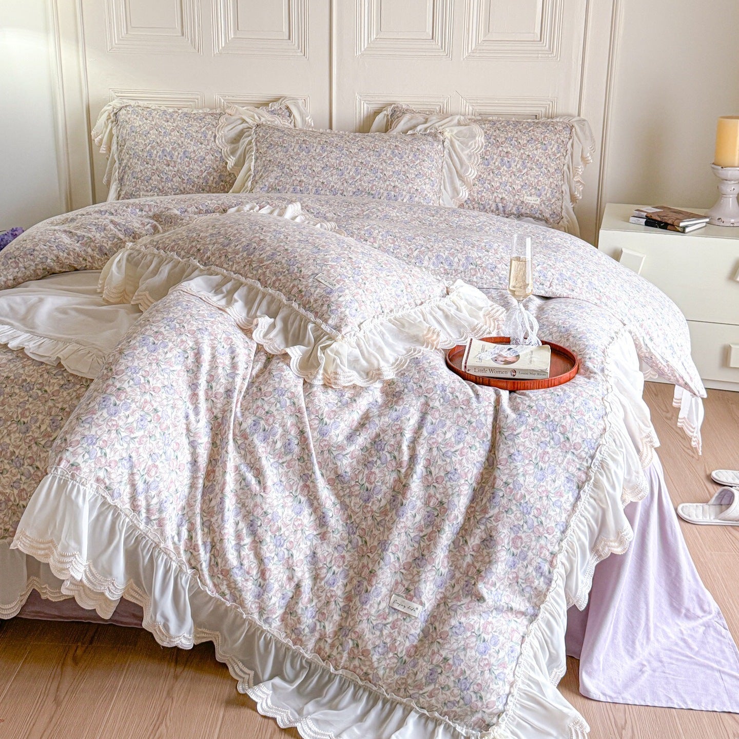 Delicate Floral Lace Ruffled Bedding Set / Pink - Ever Lasting