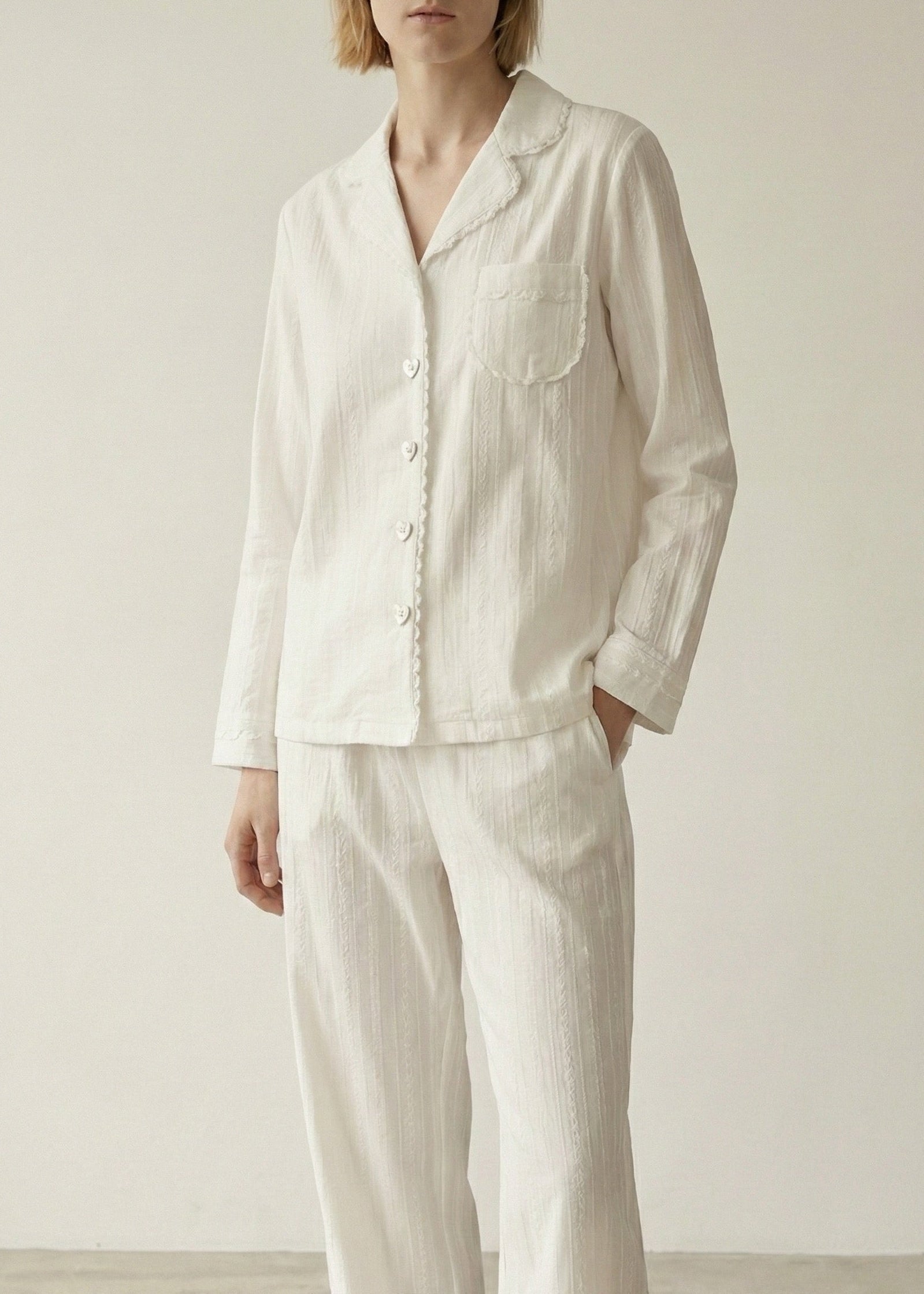- Ever Lasting - Delilah Double Gauze Lace Pajama Set / White - Pajamas - Ever Lasting