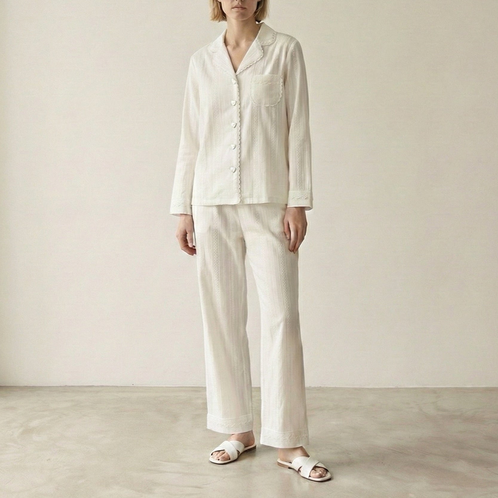 - Ever Lasting - Delilah Double Gauze Lace Pajama Set / White - Pajamas - Ever Lasting