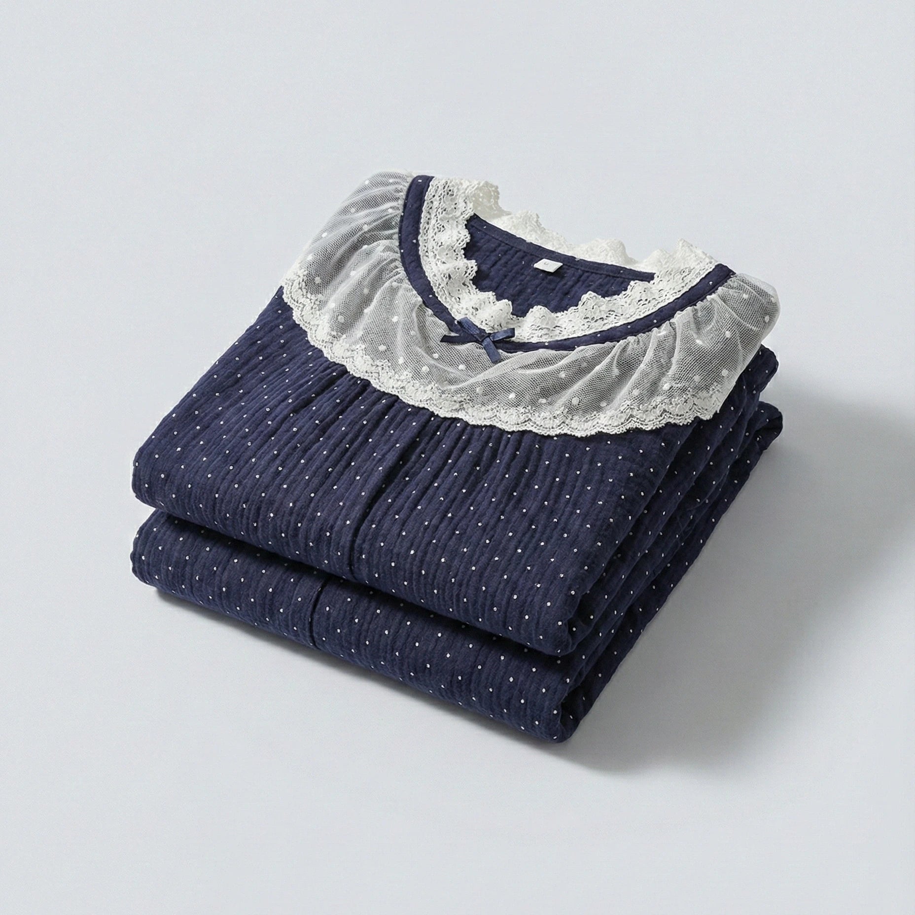 - Ever Lasting - Double Gauze Lace Collar Pajama Set / Blue - Pajamas - Ever Lasting