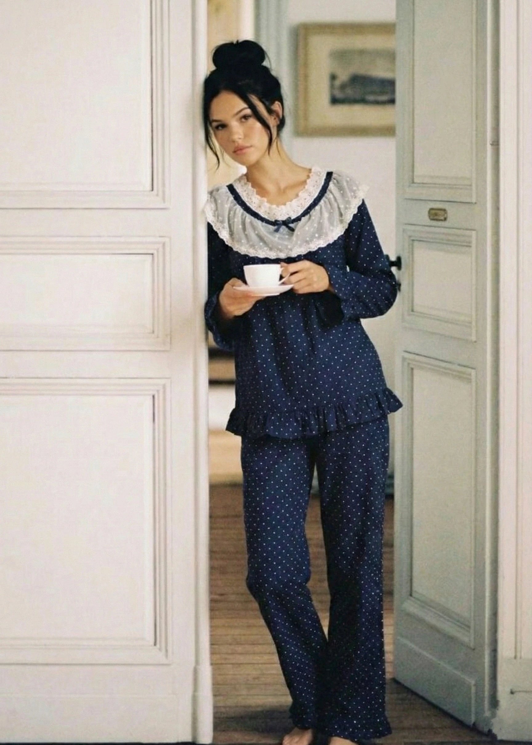 - Ever Lasting - Double Gauze Lace Collar Pajama Set / Blue - Pajamas - Ever Lasting