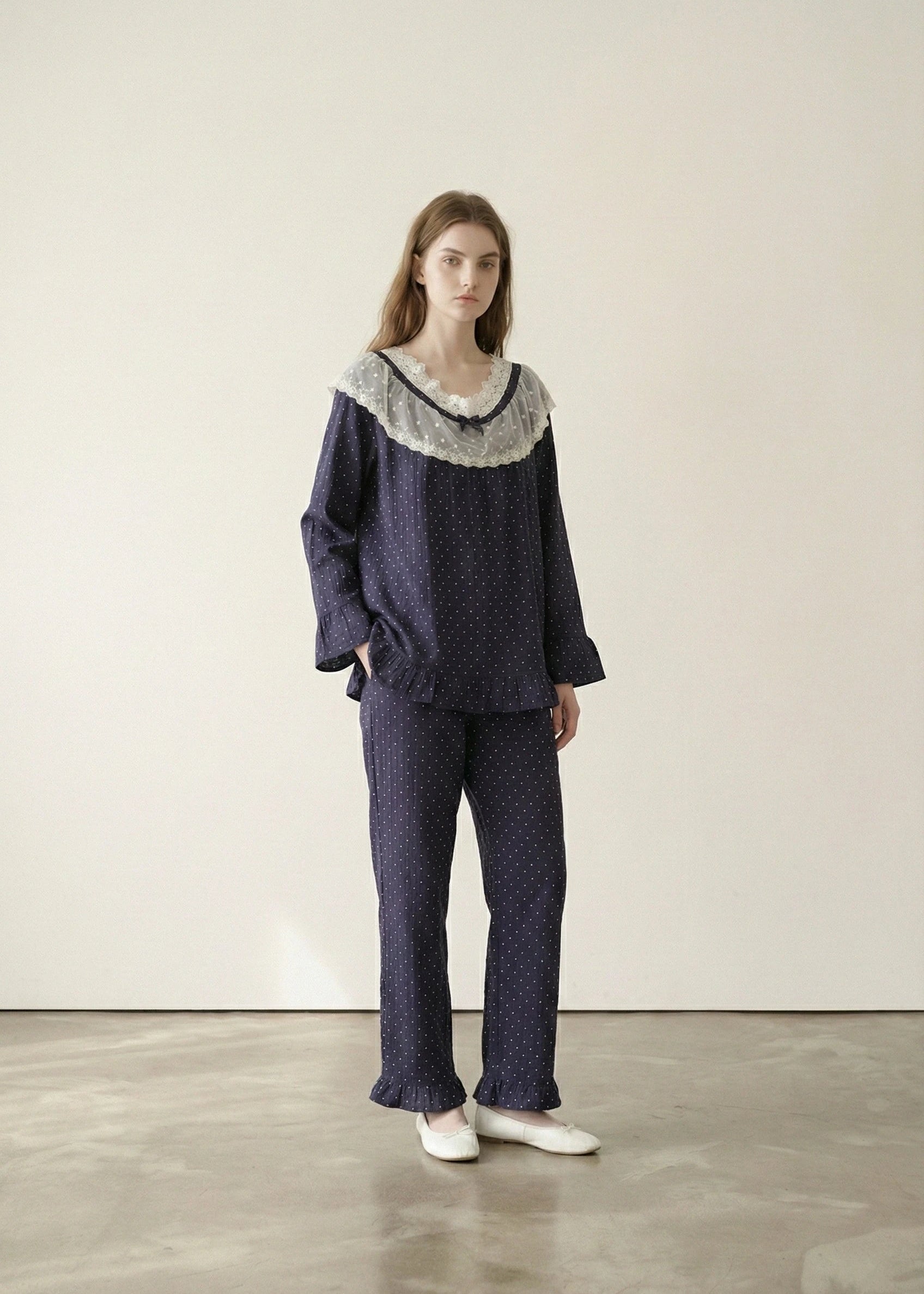 - Ever Lasting - Double Gauze Lace Collar Pajama Set / Blue - Pajamas - Ever Lasting