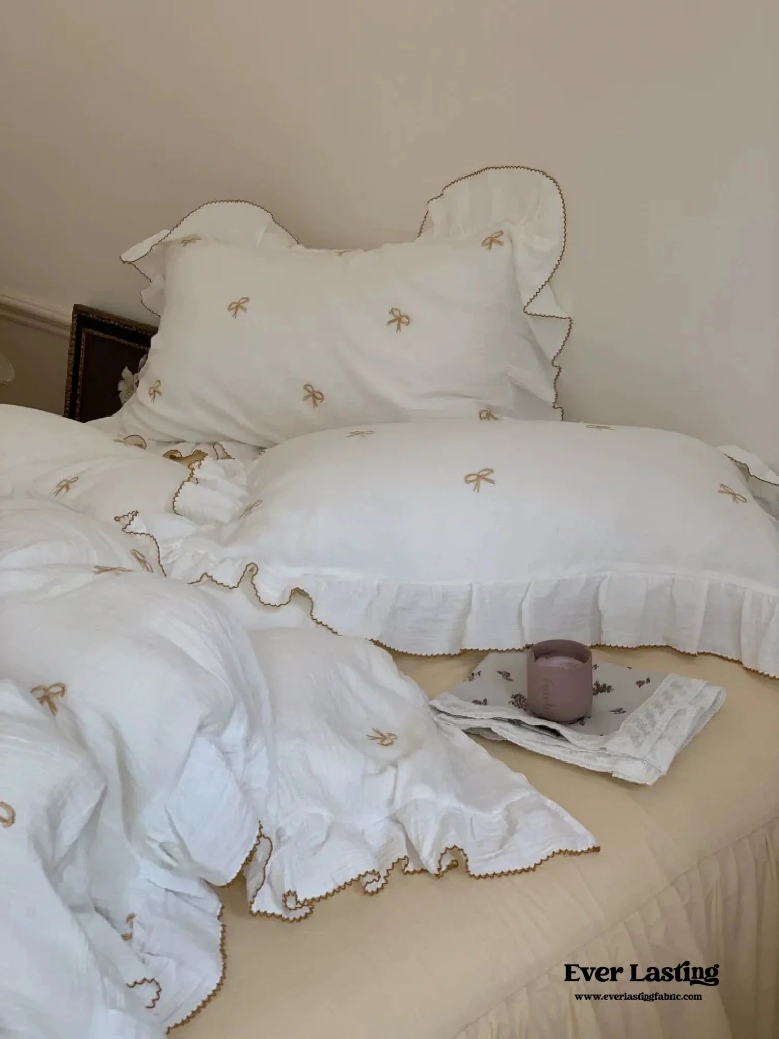 Double Layer Ribbon Tie White Ruffle Bedding Bundle - Ever Lasting