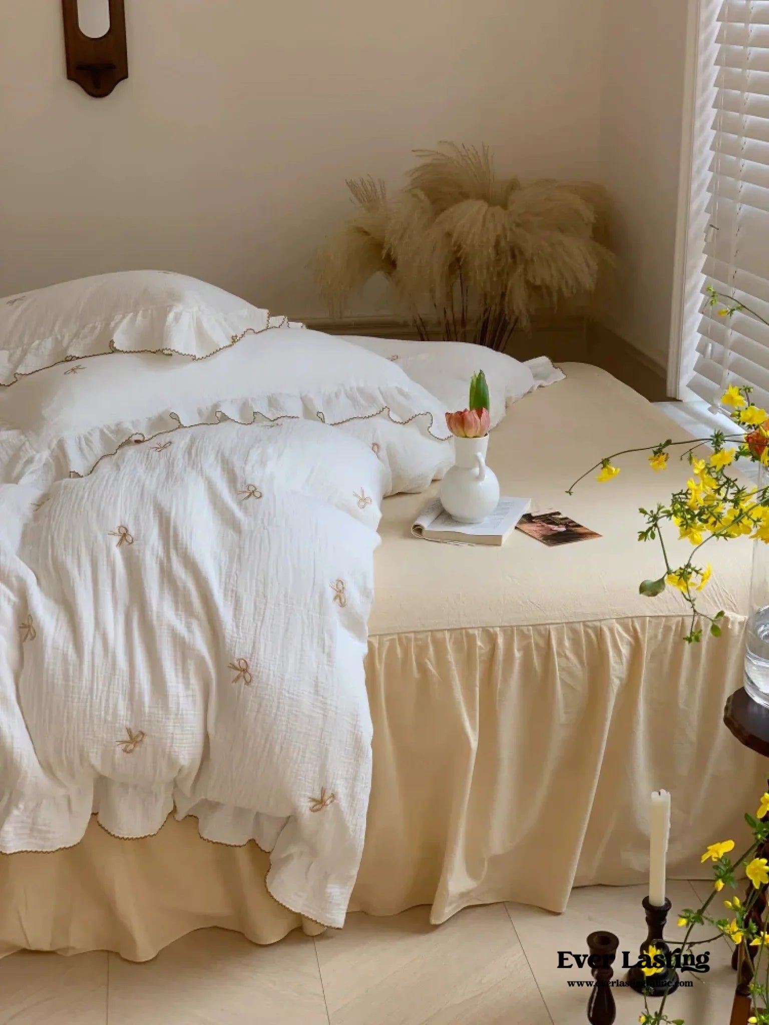 Double Layer Ribbon Tie White Ruffle Bedding Bundle - Ever Lasting