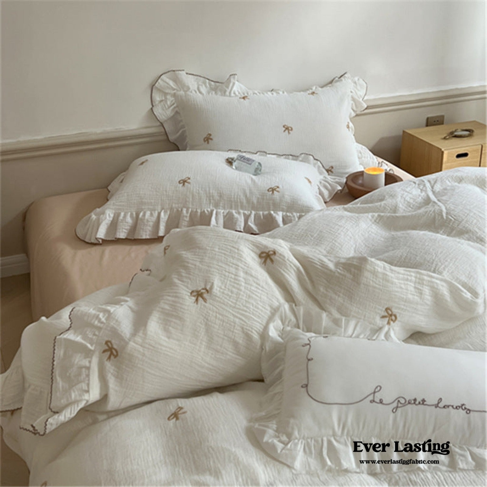 Double Layer Ribbon Tie White Ruffle Bedding Bundle - Ever Lasting