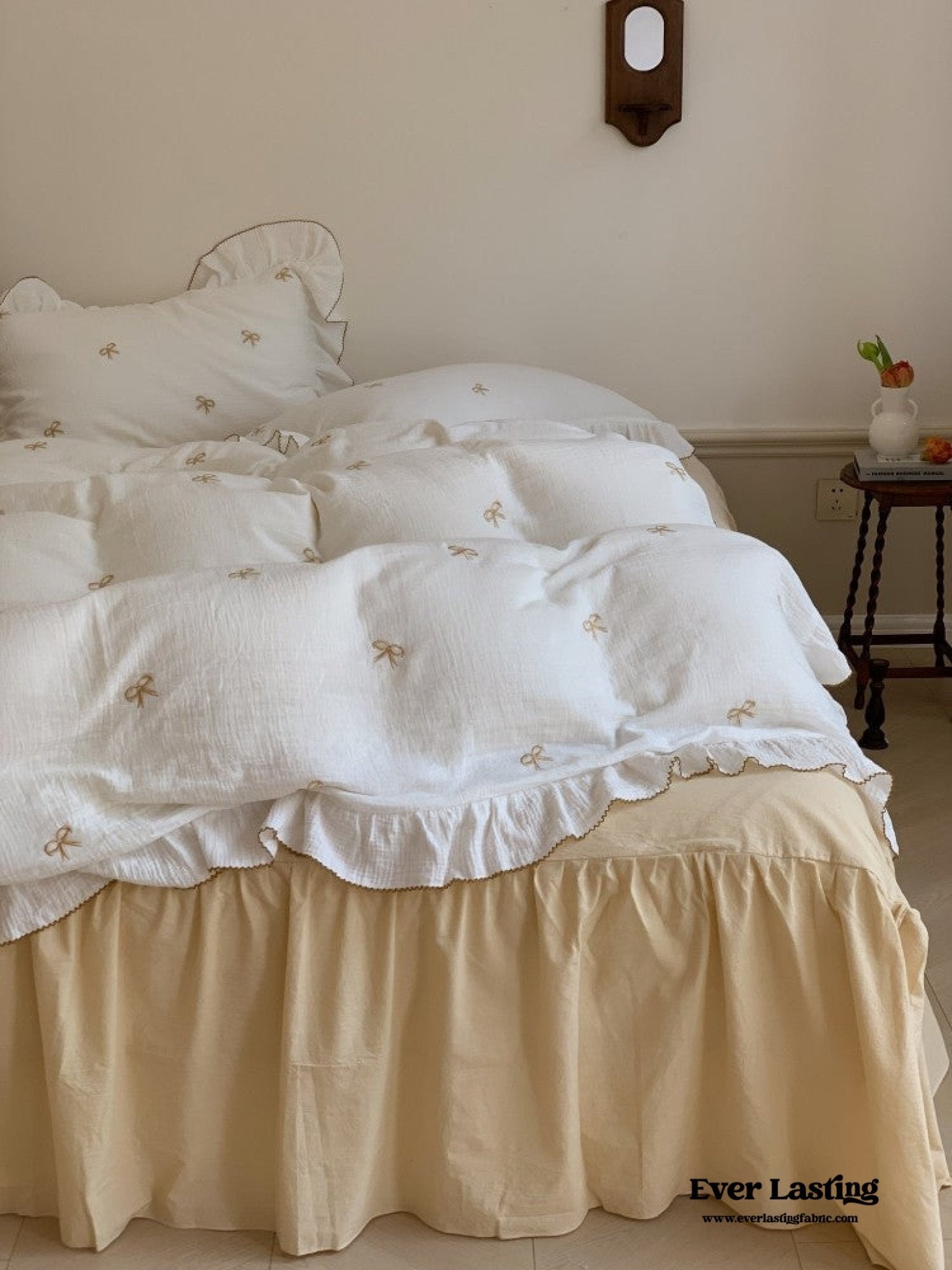 Double Layer Ribbon Tie White Ruffle Bedding Bundle - Ever Lasting