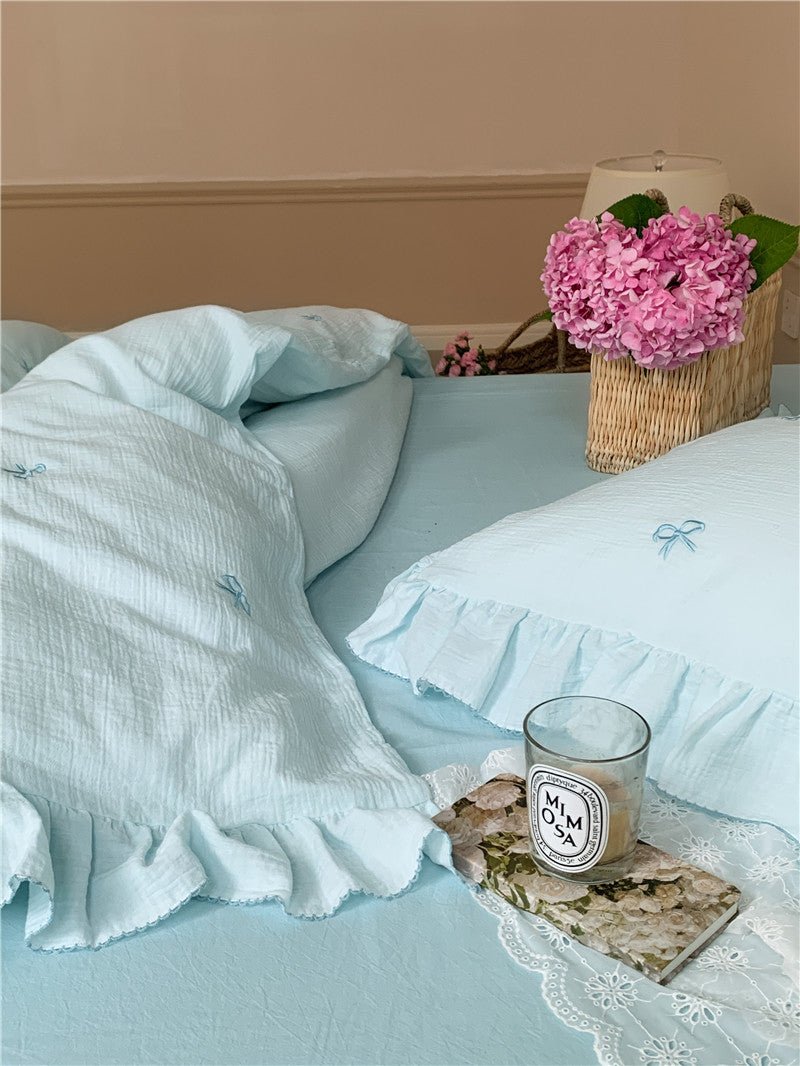 - Ever Lasting - Double Layer Ribbon Tie White Ruffle Bedding Set - Bedding Set - Ever Lasting