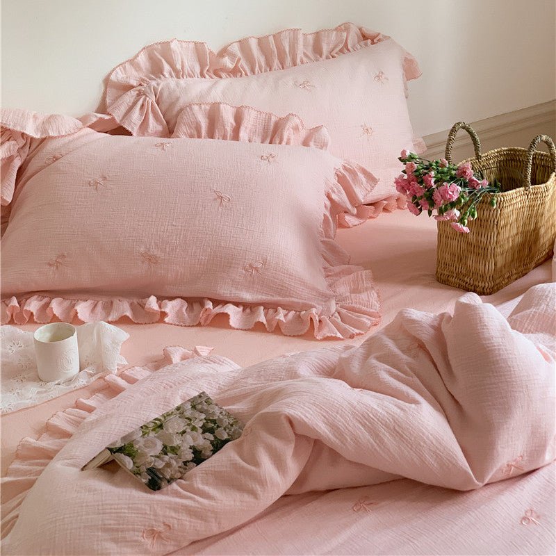 - Ever Lasting - Double Layer Ribbon Tie White Ruffle Bedding Set - Bedding Set - Ever Lasting