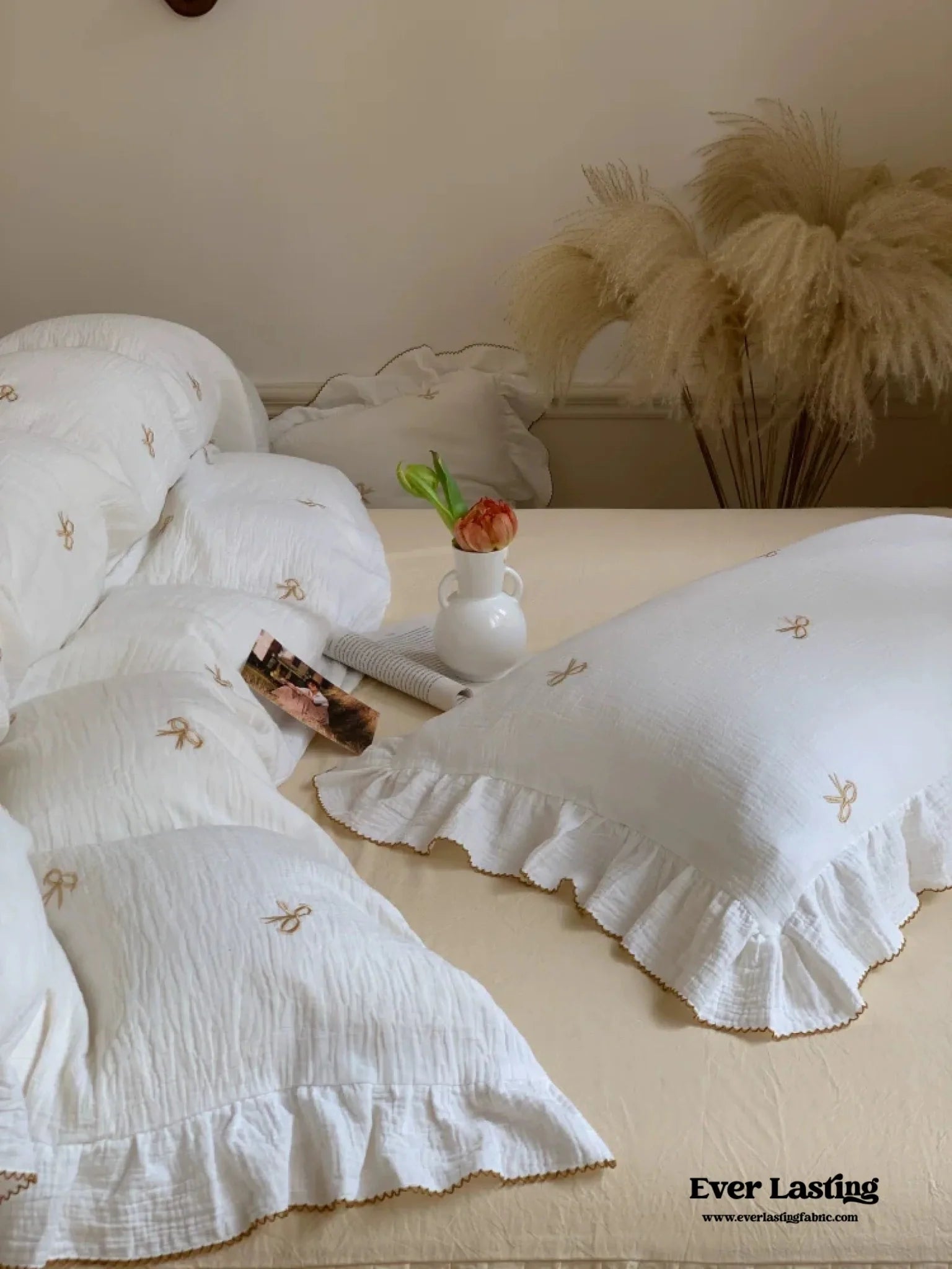 - Ever Lasting - Double Layer Ribbon Tie White Ruffle Bedding Set - Bedding Set - Ever Lasting