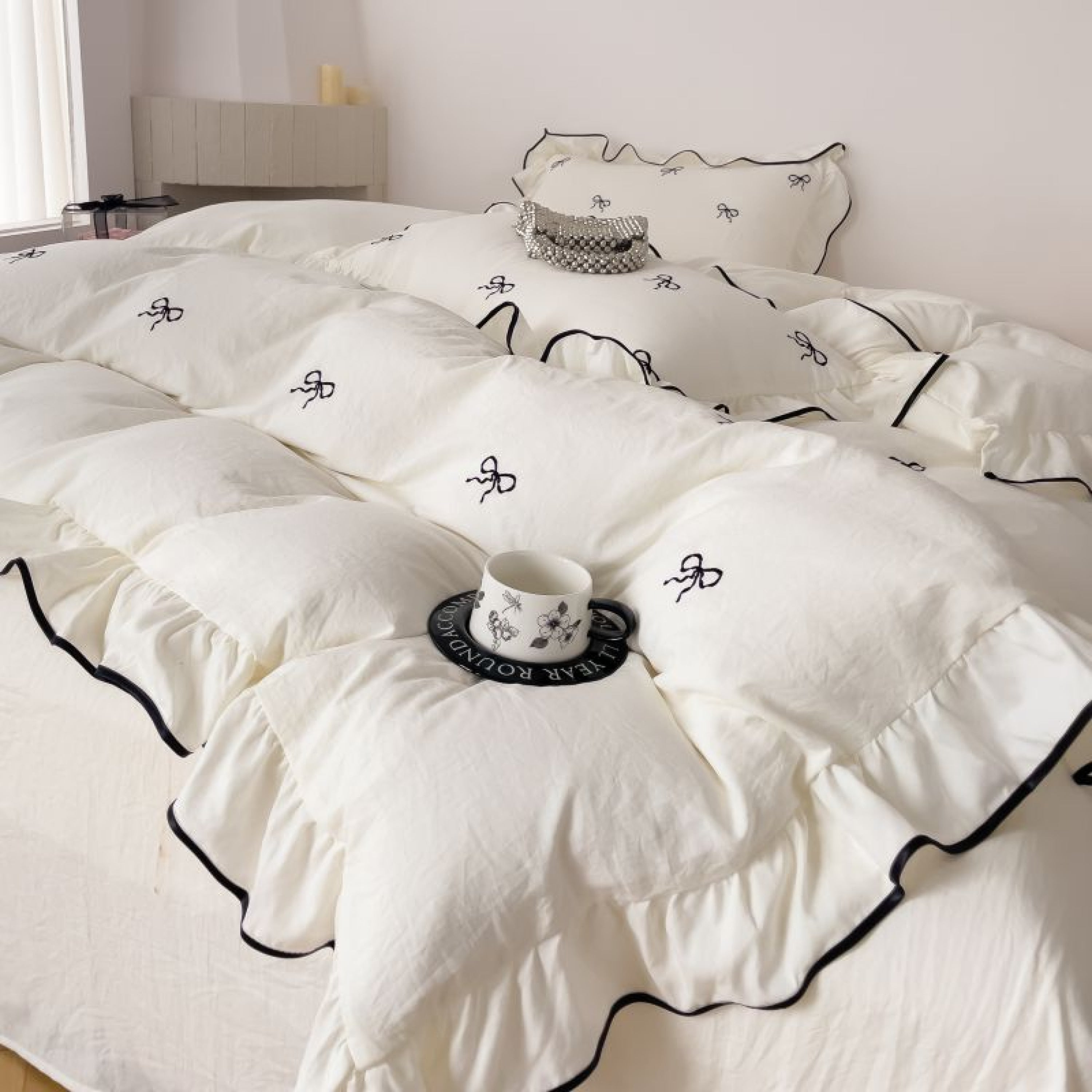 Dreamy Embroidered Ruffle Bedding Set / Ribbon Bedding Set