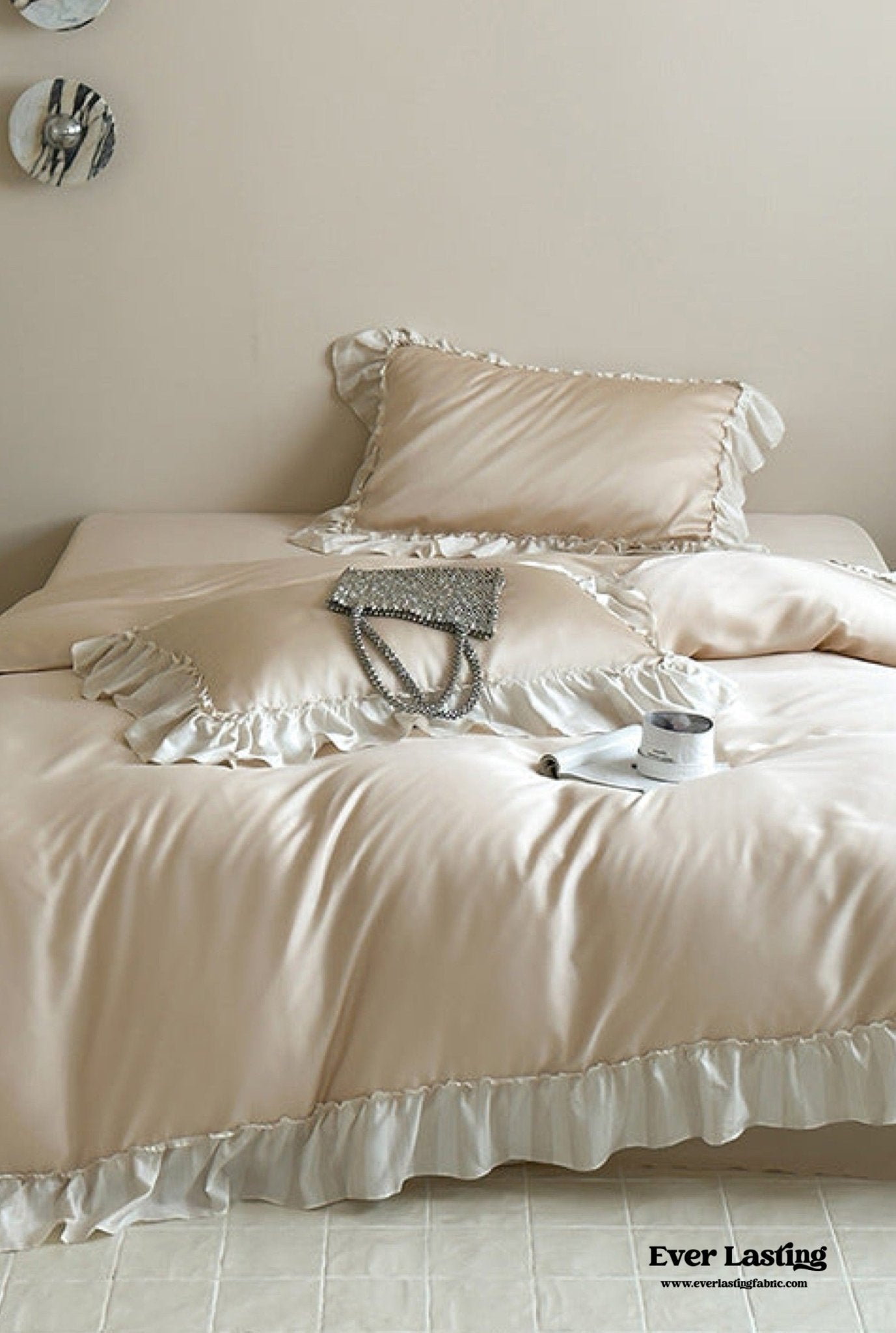 Dreamy Silky Ruffle Tencel Bedding Set / Beige - Ever Lasting