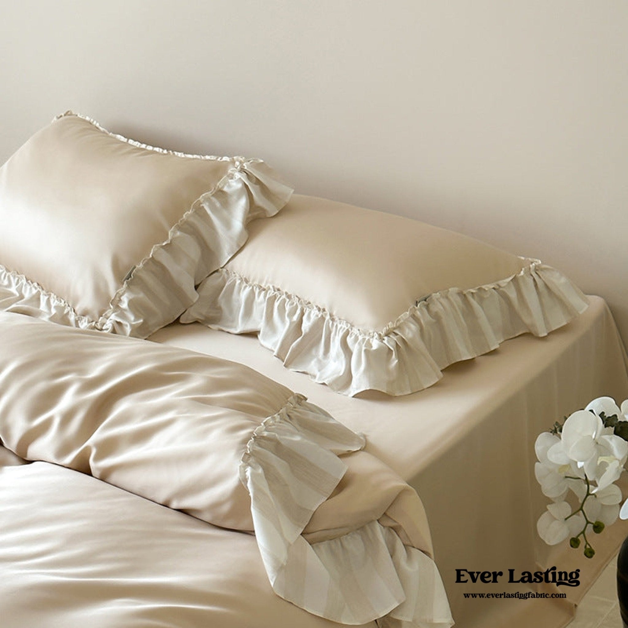 Dreamy Silky Ruffle Tencel Bedding Set / Beige - Ever Lasting