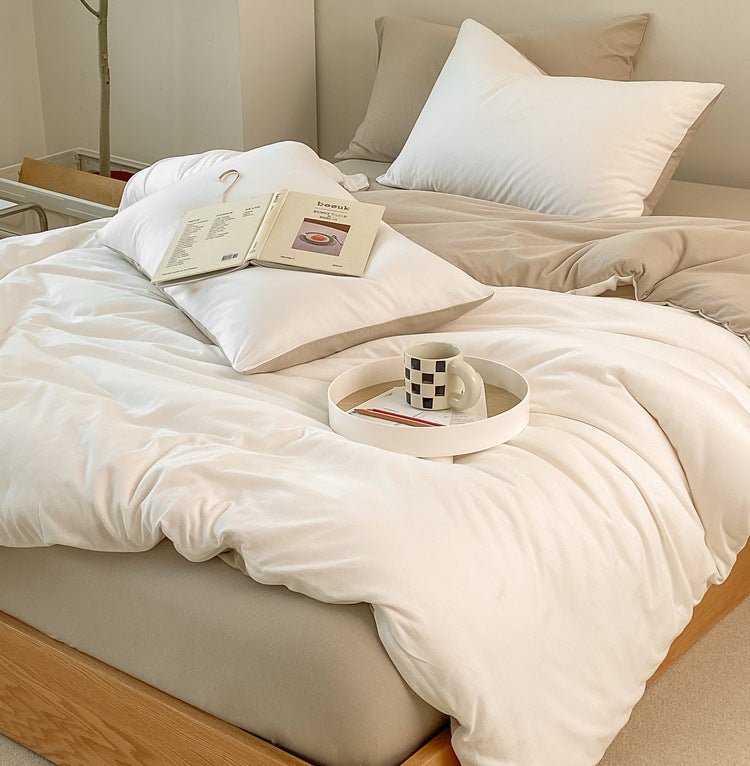 - Ever Lasting - Duo Earth Tone Jersey Knit Bedding Set / White Beige - Bedding Set - Ever Lasting