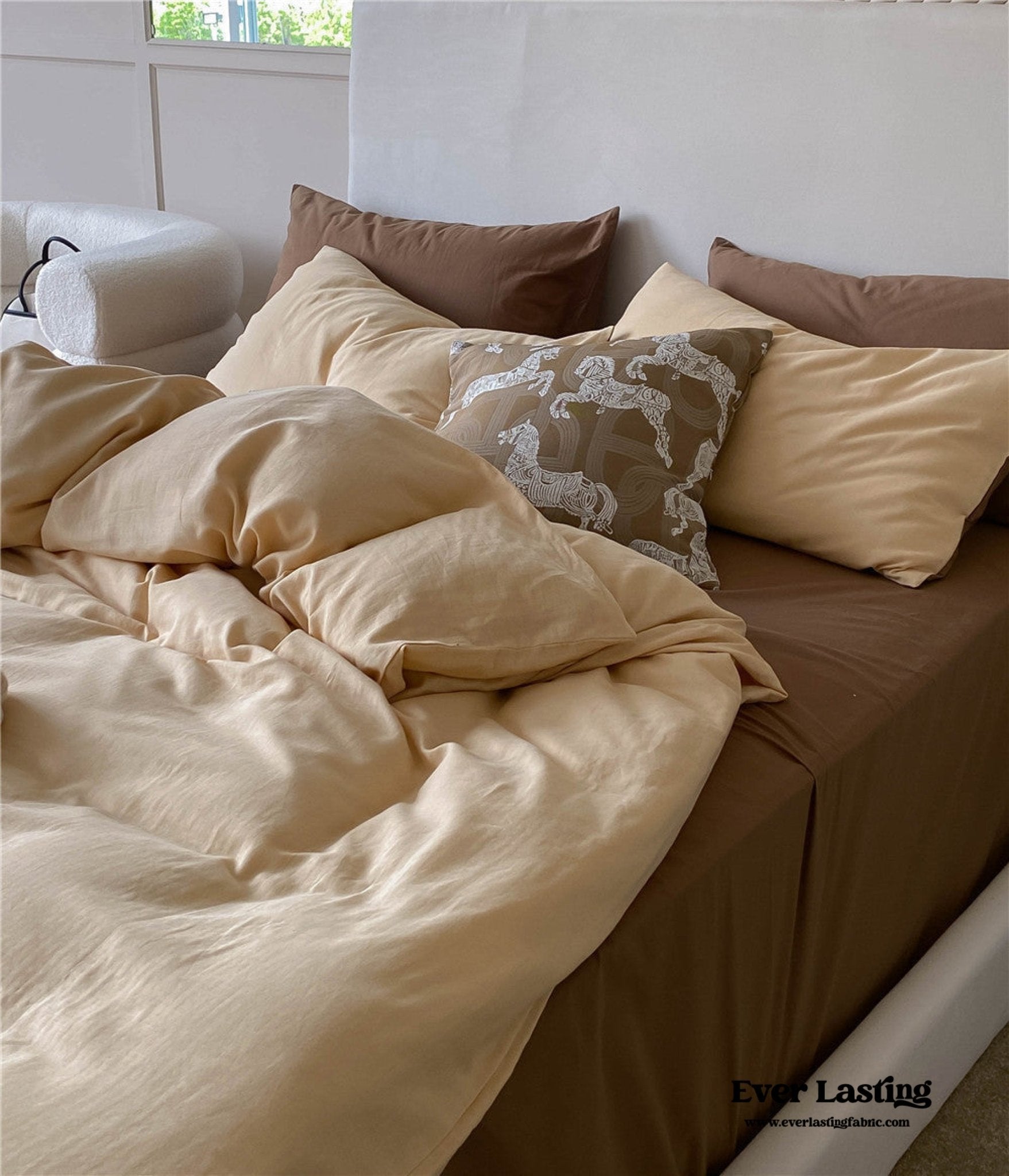 DUO Minimal Double Layer Washed Cotton Bedding Set / Khaki + Brown - Ever Lasting