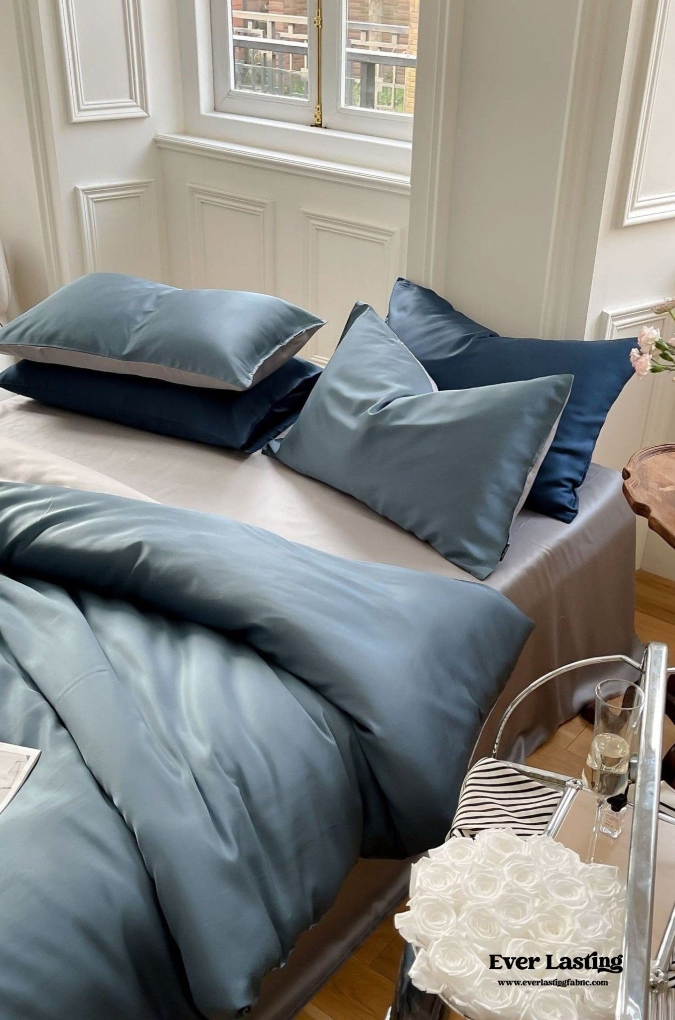 DUO Reversible Pastel Silky Tencel Bedding Set / Dark Blue - Ever Lasting