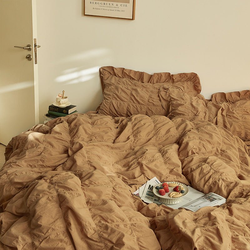 - Ever Lasting - Earth Tone Marshmallow Puff Ruffle Bedding Set / Pumpkin Brown - Bedding Set - Ever Lasting