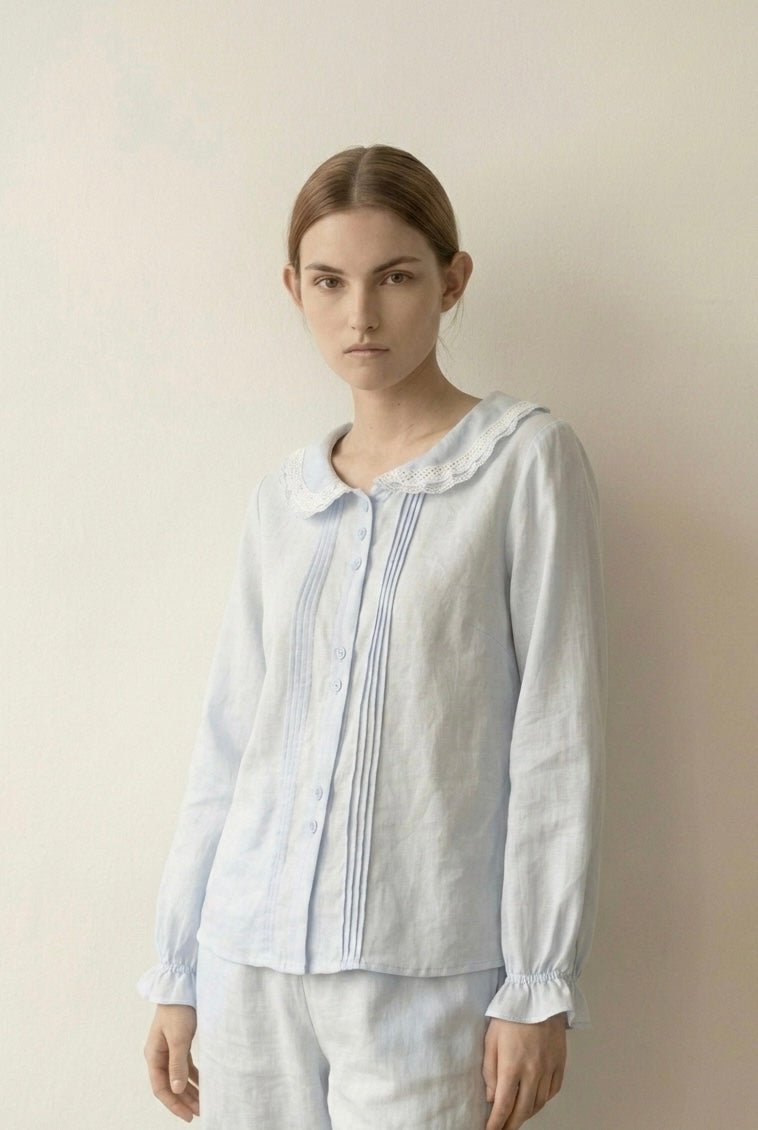 - Ever Lasting - Eira Ruffle Long Sleeve Pajama Set / Blue - Pajamas - Ever Lasting