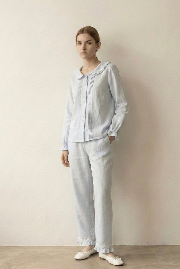 - Ever Lasting - Eira Ruffle Long Sleeve Pajama Set / Blue - Pajamas - Ever Lasting
