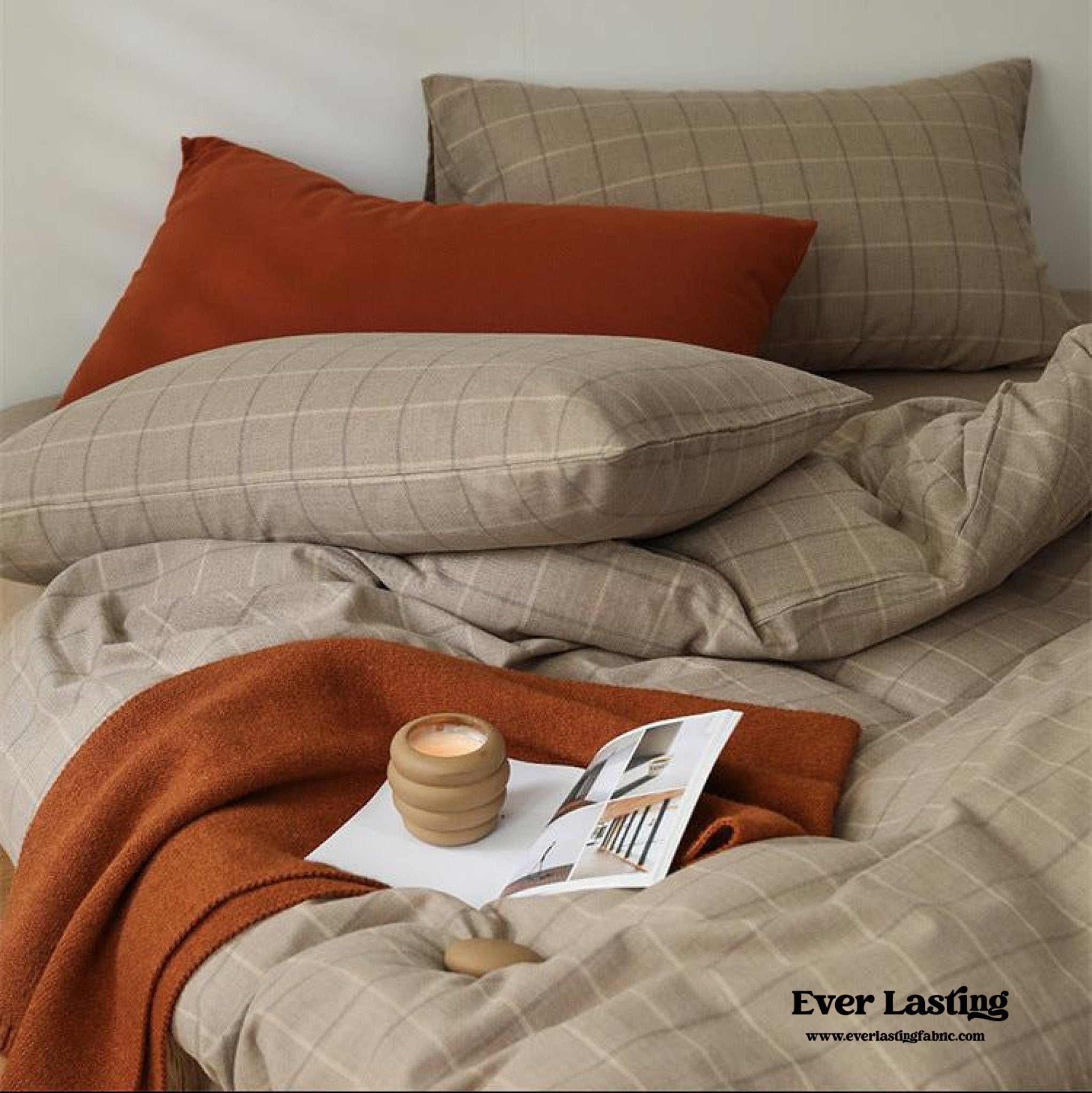 Eleanor Vintage Minimalist Plaid Bedding Set / Khaki - Ever Lasting