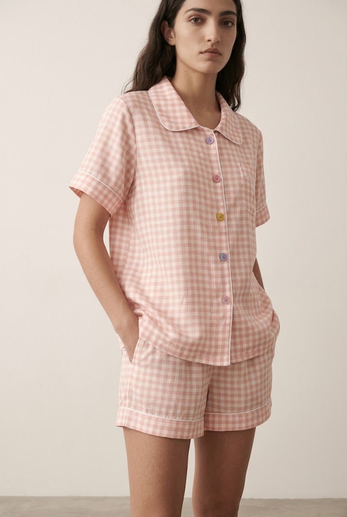 -Ever Lasting - Elle Vintage Inspired Gingham Shorts Pajama Set / Light Pink -Pajamas -Ever Lasting