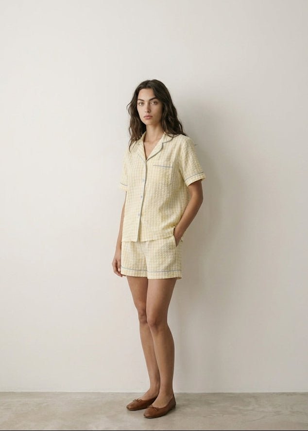 - Ever Lasting - Elle Vintage Inspired Gingham Shorts Pajama Set / Yellow - Pajamas - Ever Lasting