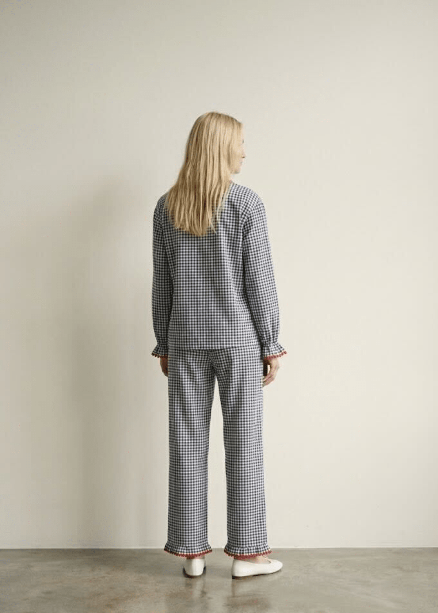 - Ever Lasting - Ellie Gingham Lapel Cotton Silk Poet Sleeve Pajama Set / Blue - Pajama Set - Ever Lasting