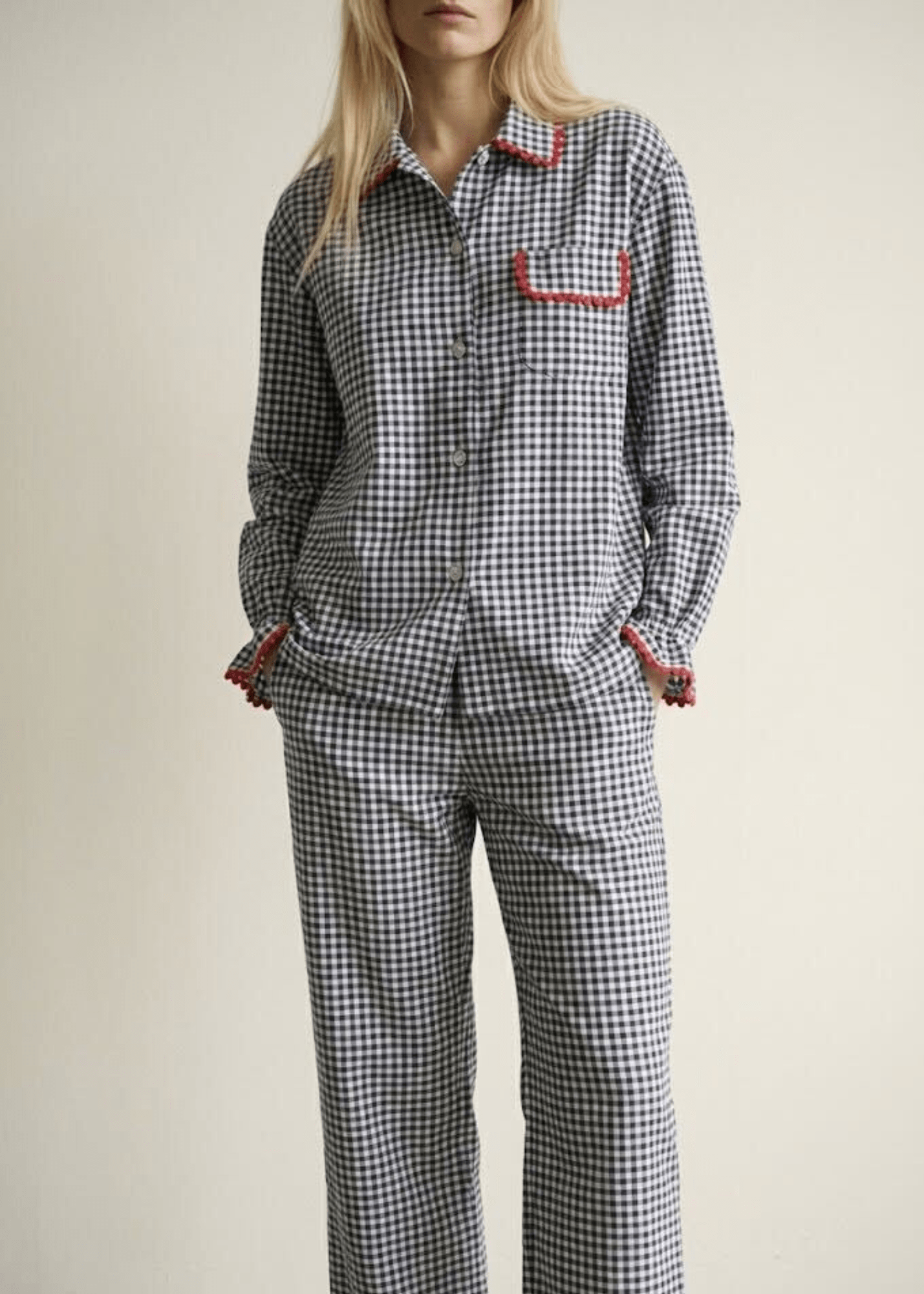 - Ever Lasting - Ellie Gingham Lapel Cotton Silk Poet Sleeve Pajama Set / Blue - Pajama Set - Ever Lasting
