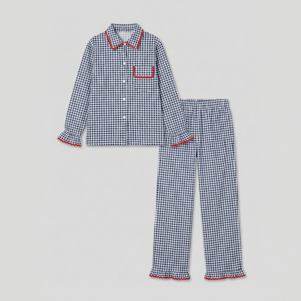 - Ever Lasting - Ellie Gingham Lapel Cotton Silk Poet Sleeve Pajama Set / Blue - Pajama Set - Ever Lasting