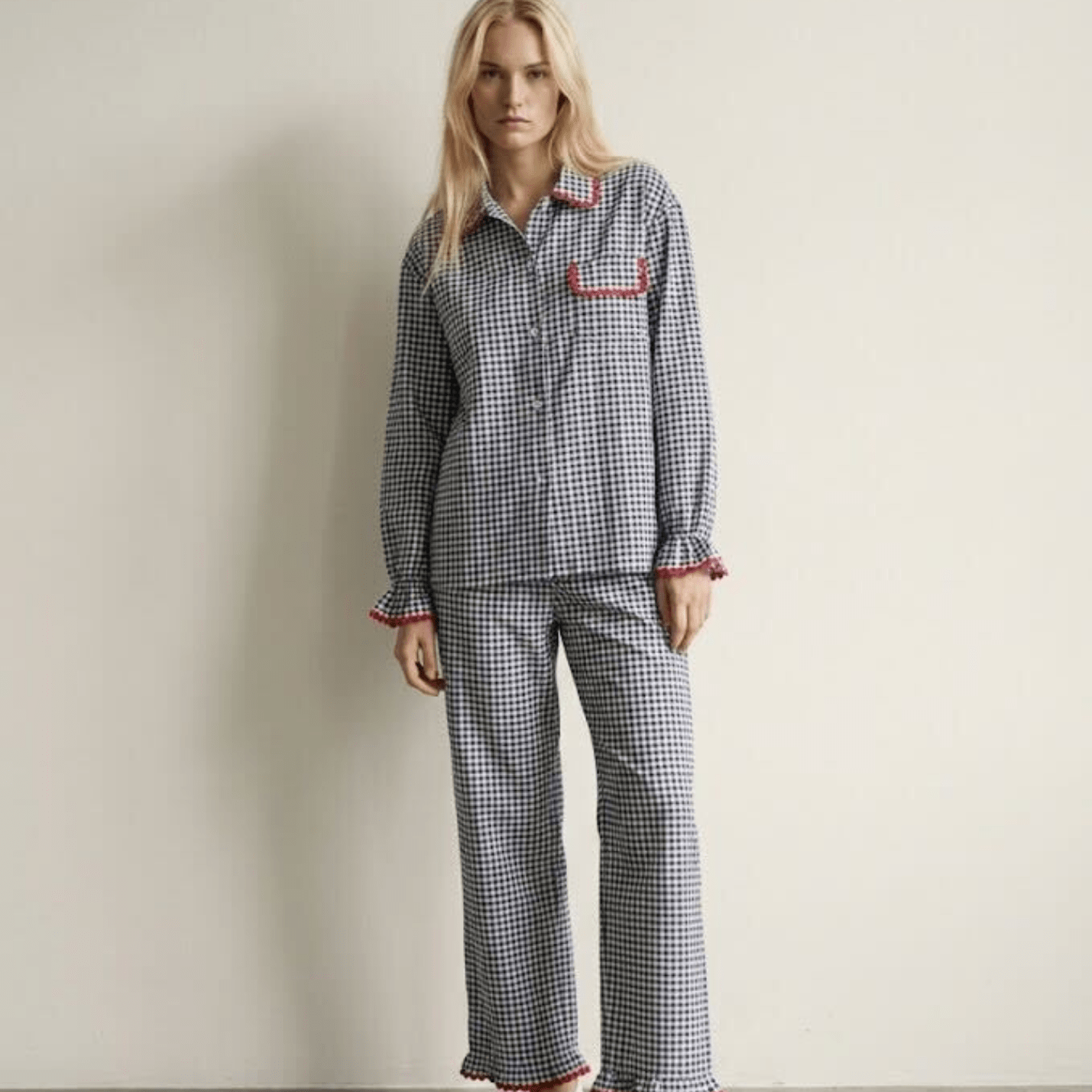 - Ever Lasting - Ellie Gingham Lapel Cotton Silk Poet Sleeve Pajama Set / Blue - Pajama Set - Ever Lasting