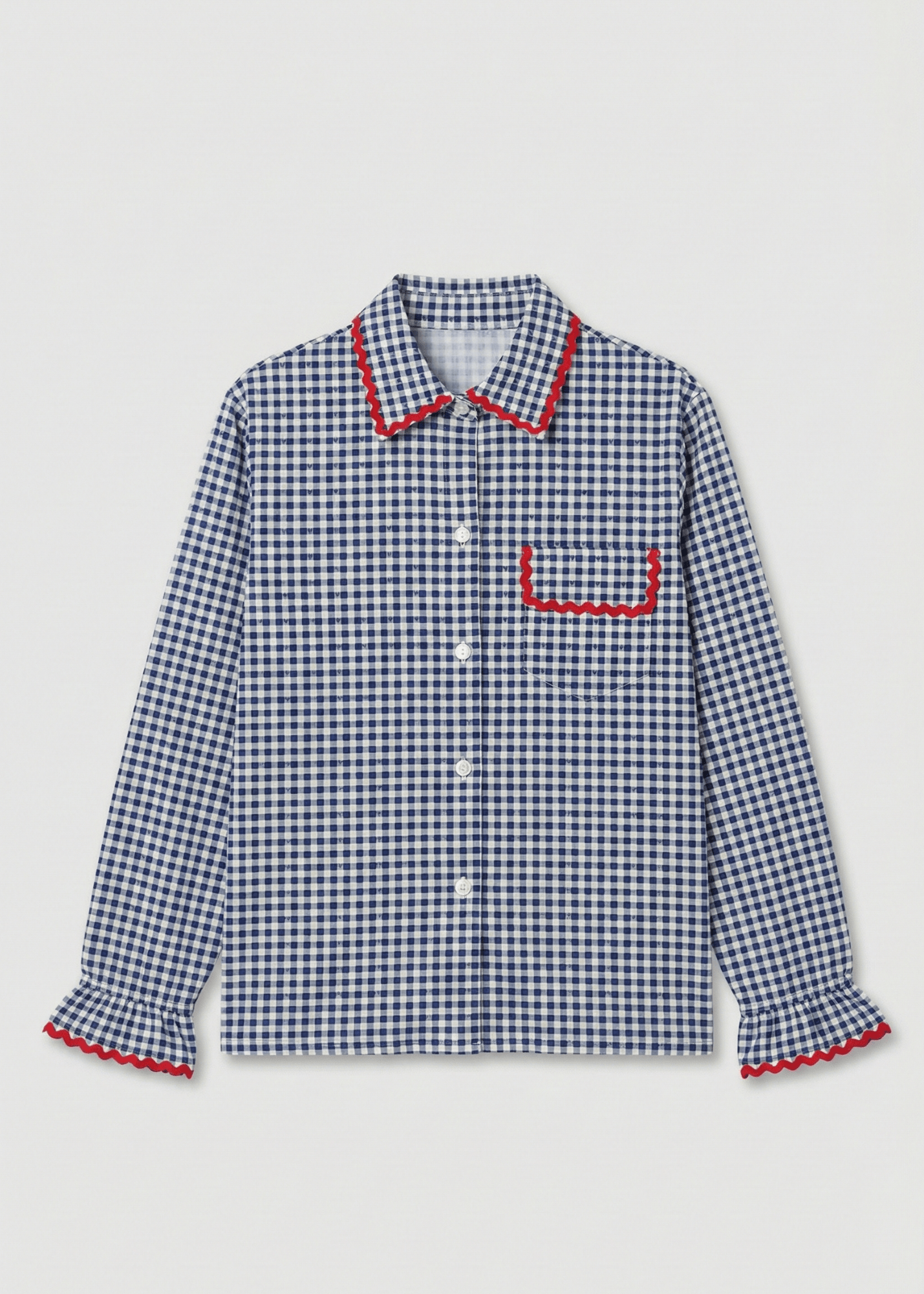 - Ever Lasting - Ellie Gingham Lapel Cotton Silk Poet Sleeve Pajama Set / Blue - Pajama Set - Ever Lasting