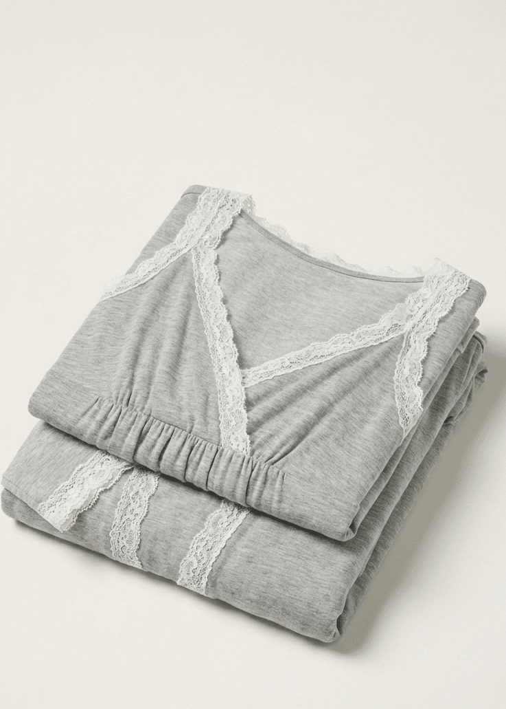 - Ever Lasting - Ellis Long - Sleeve Lace Pajama Set / Gray - Pajamas - Ever Lasting