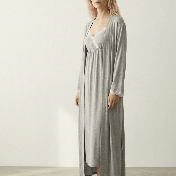 - Ever Lasting - Ellis Long - Sleeve Lace Pajama Set / Gray - Pajamas - Ever Lasting