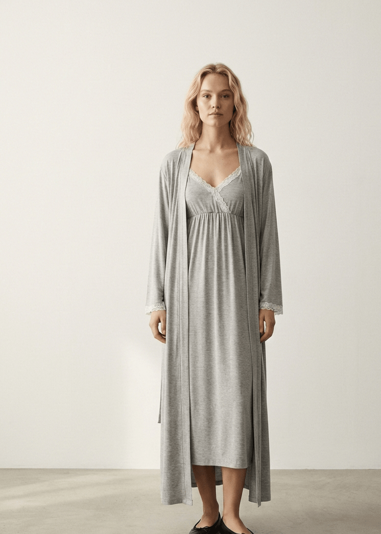 - Ever Lasting - Ellis Long - Sleeve Lace Pajama Set / Gray - Pajamas - Ever Lasting