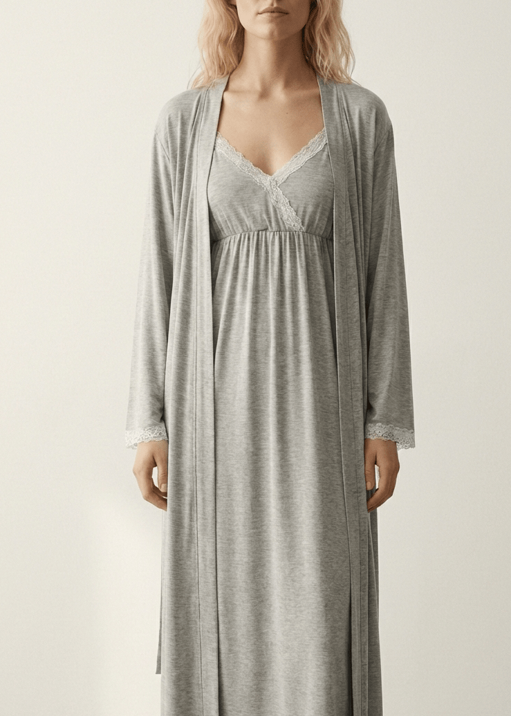 - Ever Lasting - Ellis Long - Sleeve Lace Pajama Set / Gray - Pajamas - Ever Lasting