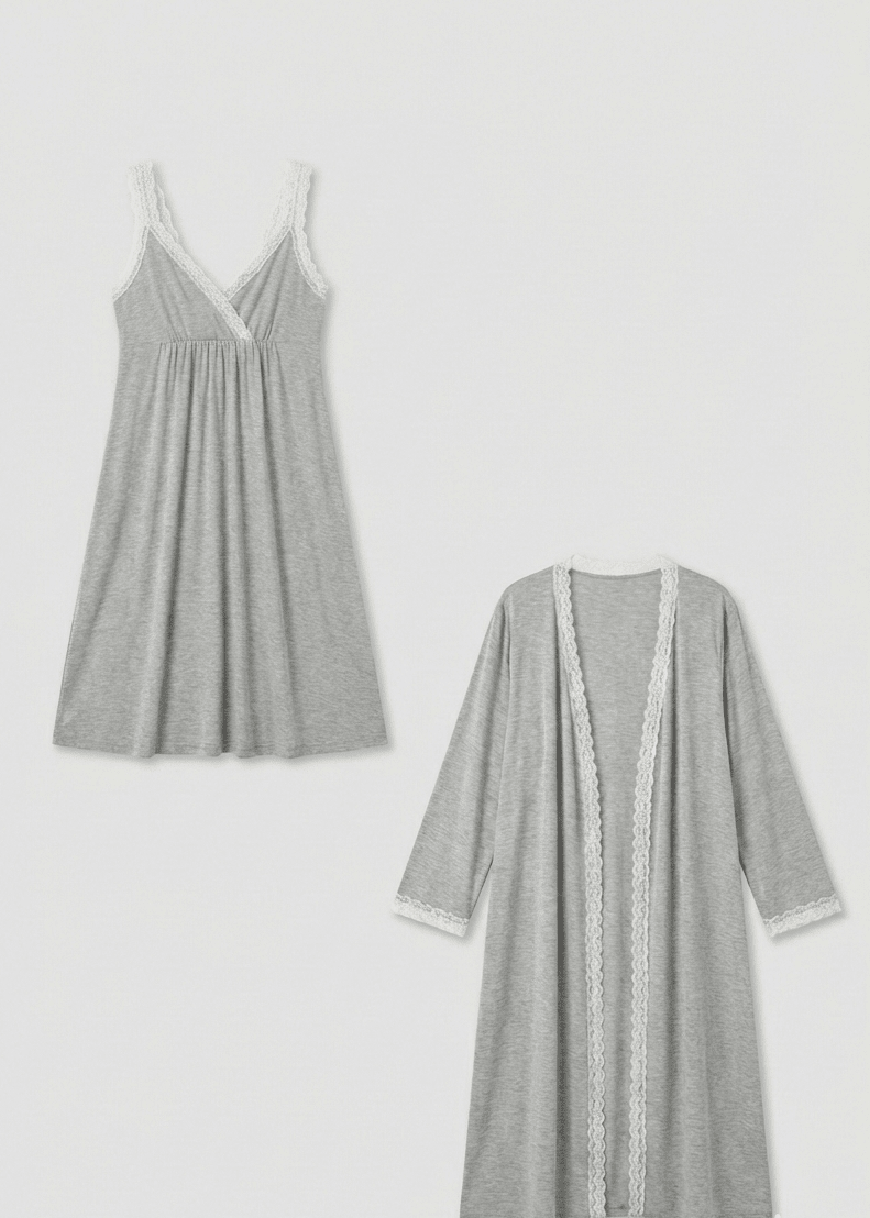 - Ever Lasting - Ellis Long - Sleeve Lace Pajama Set / Gray - Pajamas - Ever Lasting