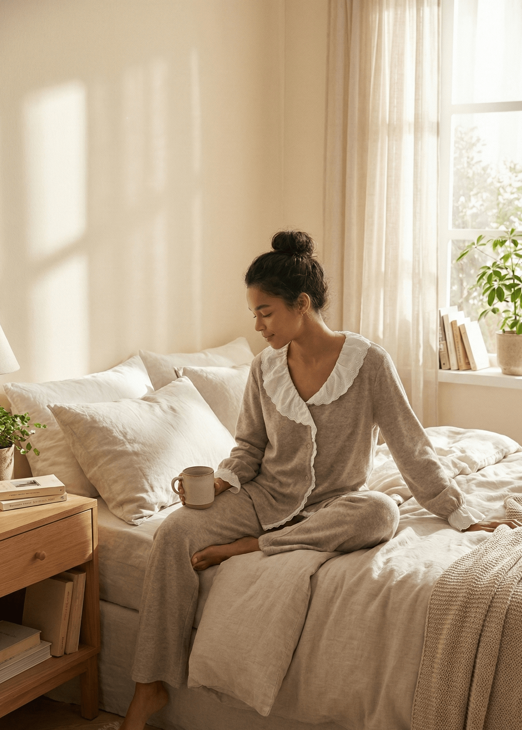 - Ever Lasting - Elora Towel Velvet Lace Lounge Set / Oatmeal - Pajamas - Ever Lasting