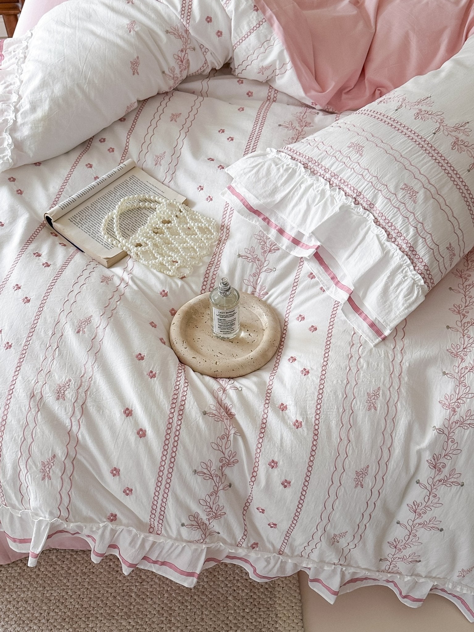 Embroidered French Lace Ruffle Bedding Bundle / Pink - Ever Lasting