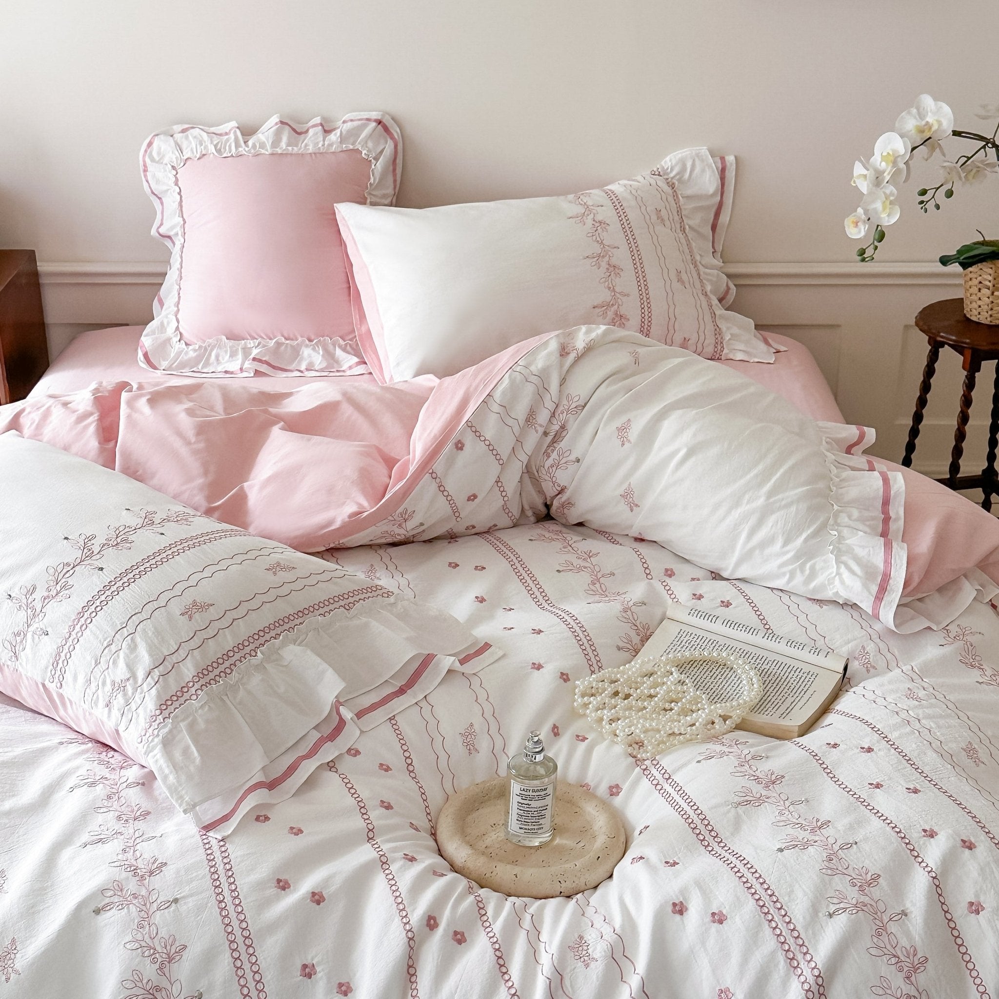 Embroidered French Lace Ruffle Bedding Bundle / Pink - Ever Lasting
