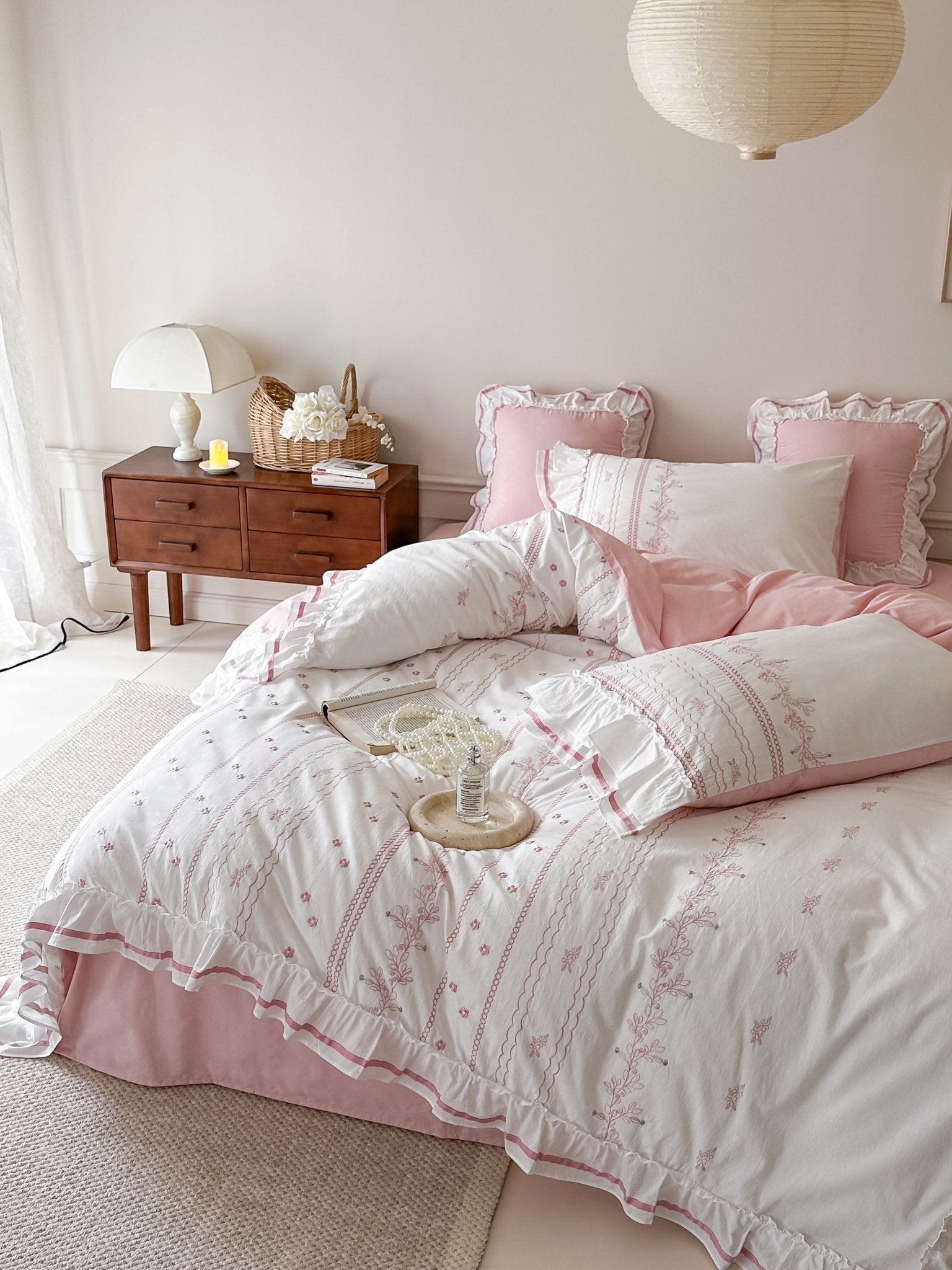Embroidered French Lace Ruffle Bedding Bundle / Pink - Ever Lasting