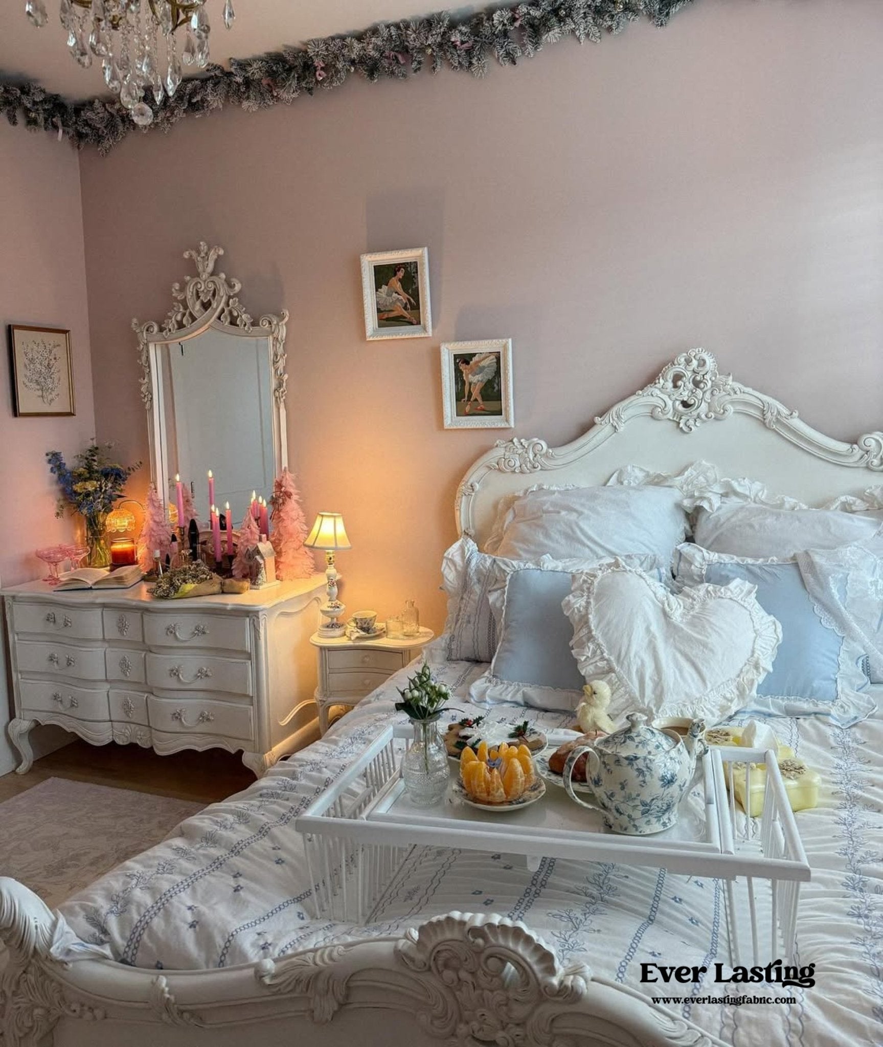 - Ever Lasting - Embroidered French Lace Ruffle Bedding Set / Blue - Bedding Set - Ever Lasting