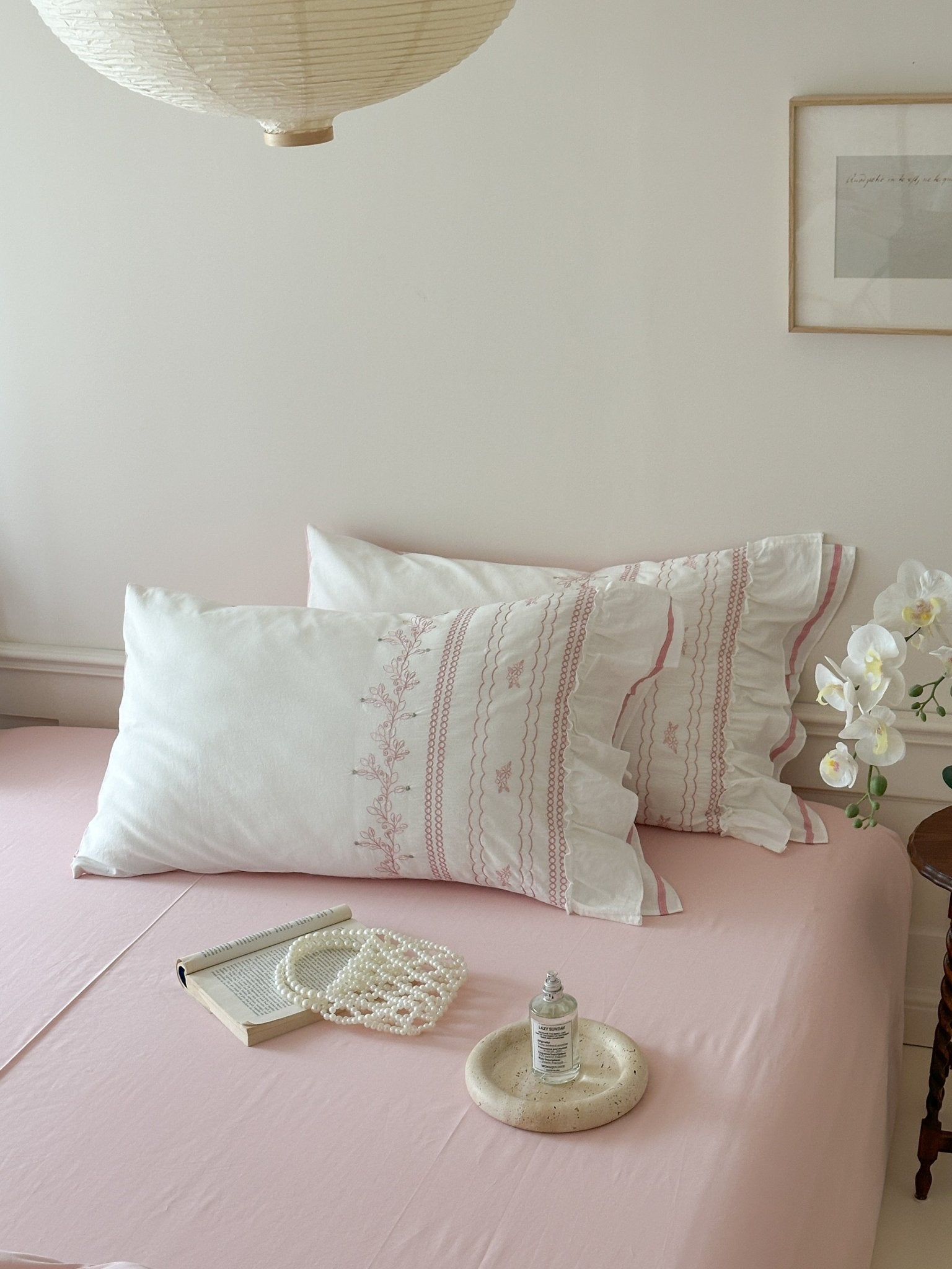 Embroidered French Lace Ruffle Bedding Set / Pink - Ever Lasting