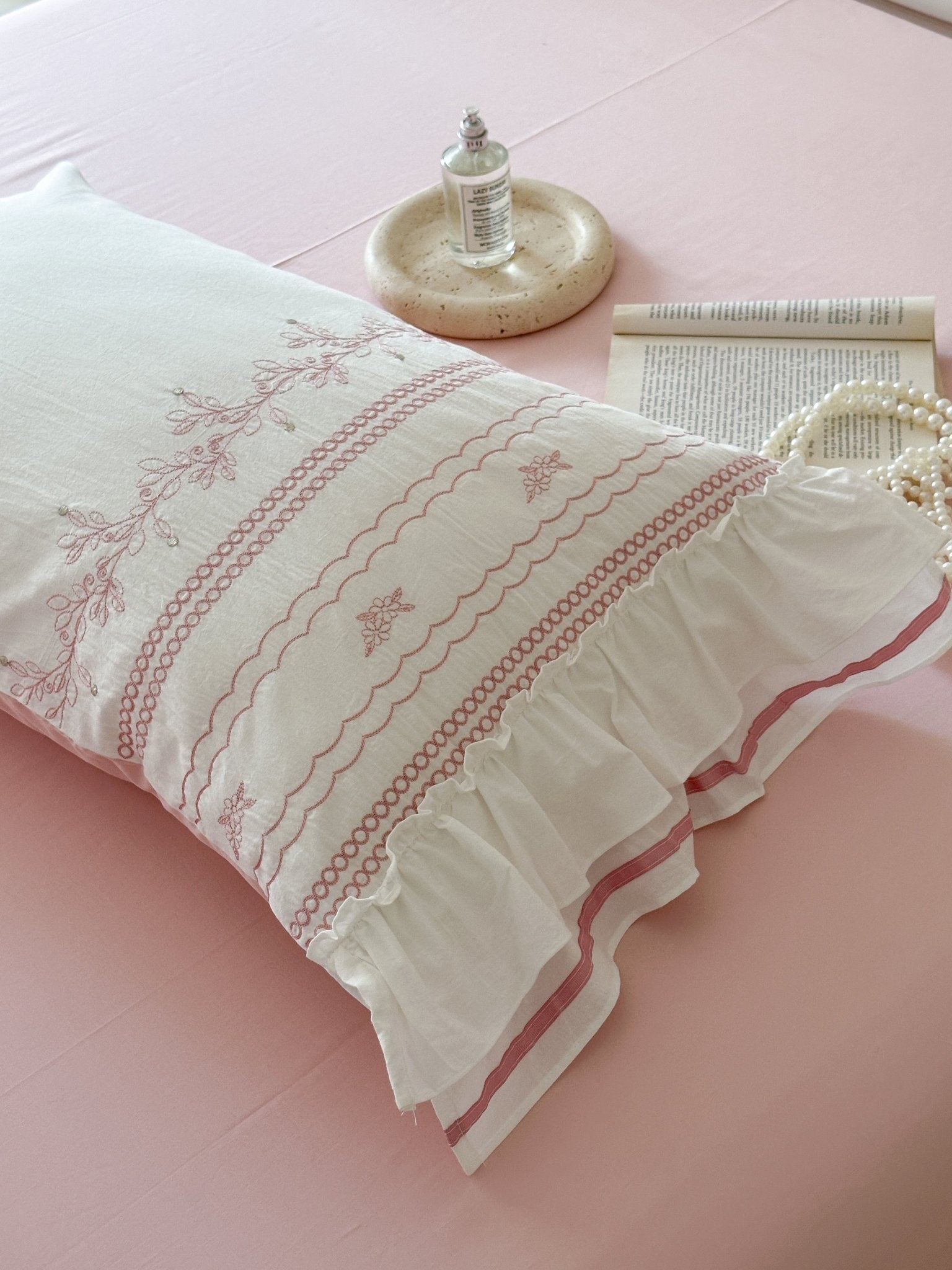 Embroidered French Lace Ruffle Bedding Set / Pink - Ever Lasting