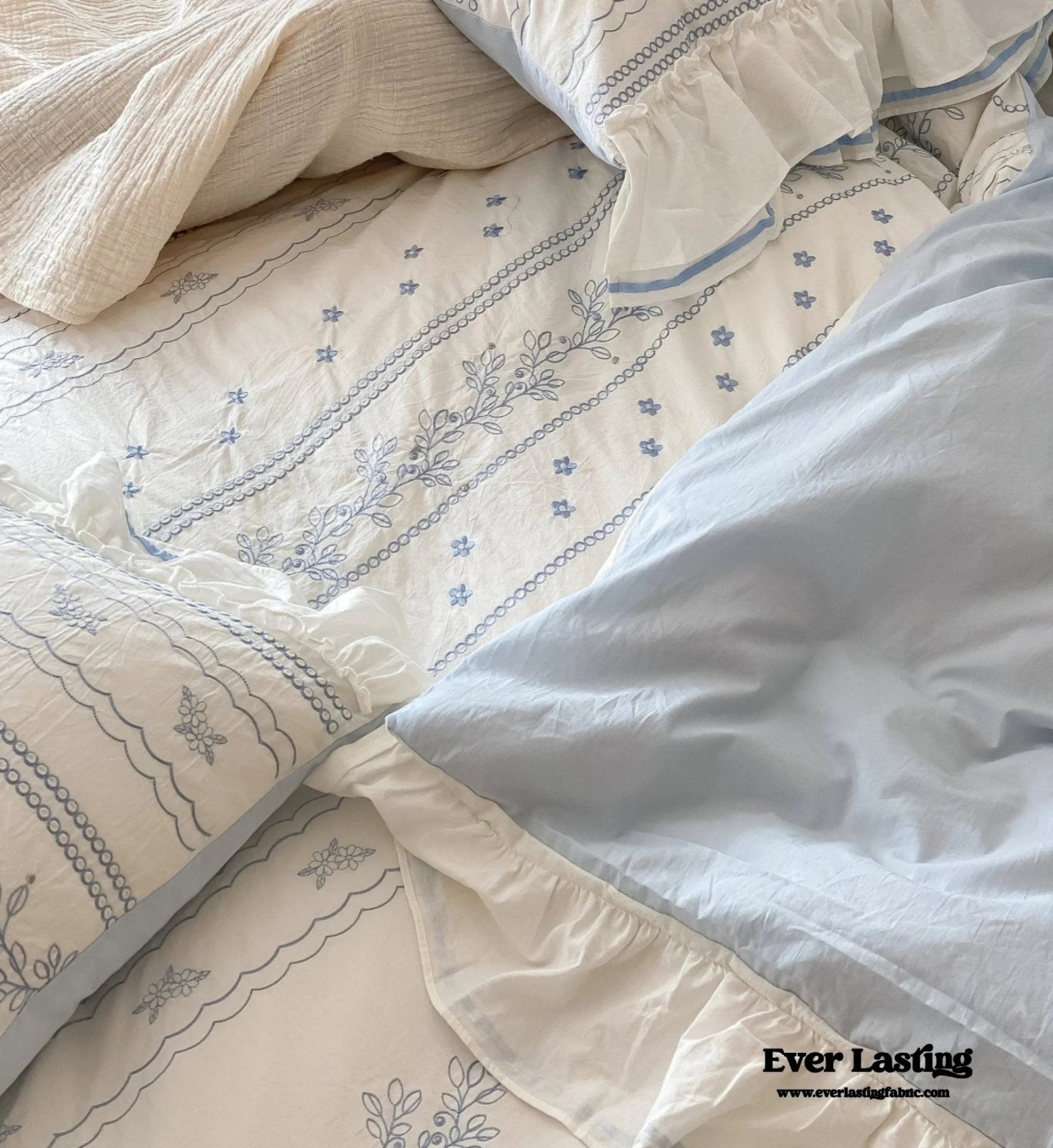 - Ever Lasting - Embroidered French Lace Ruffle Dorm Bedding Set / Blue - Bedding Set - Ever Lasting