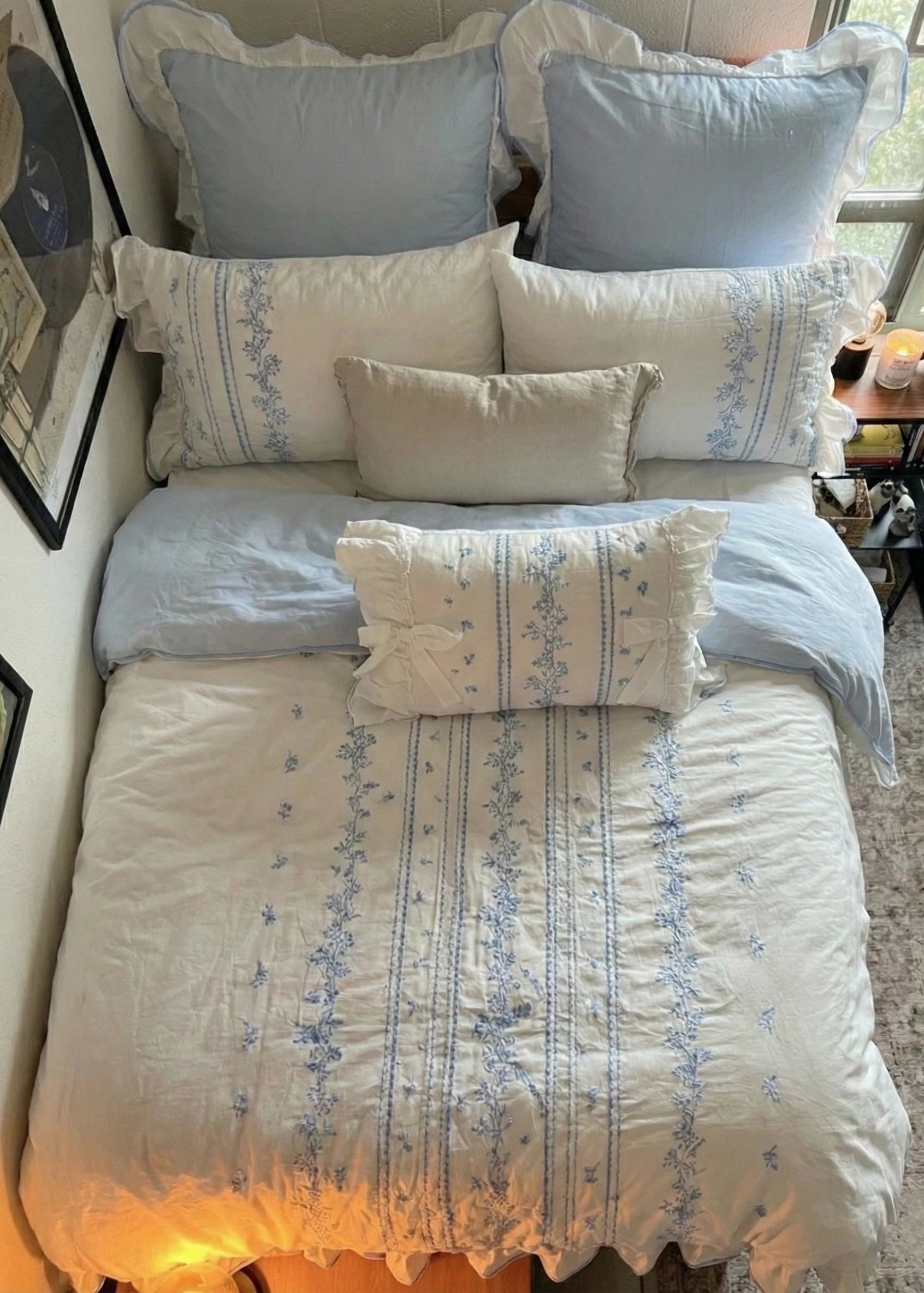 - Ever Lasting - Embroidered French Lace Ruffle Dorm Bedding Set / Blue - Bedding Set - Ever Lasting