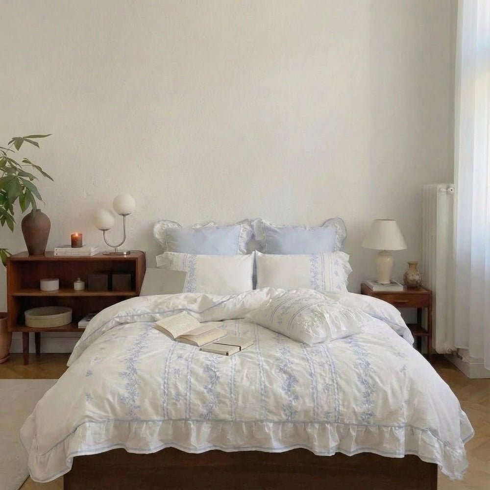 - Ever Lasting - Embroidered French Lace Ruffle Dorm Bedding Set / Blue - Bedding Set - Ever Lasting