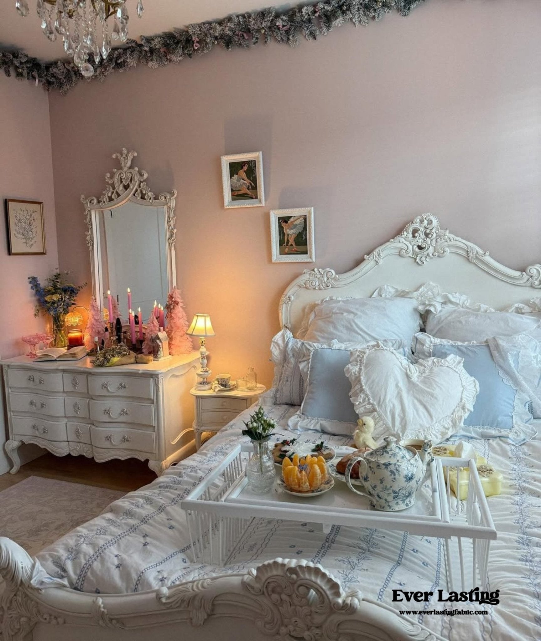 Embroidered French Lace Ruffle Duvet Cover / Blue - Ever Lasting