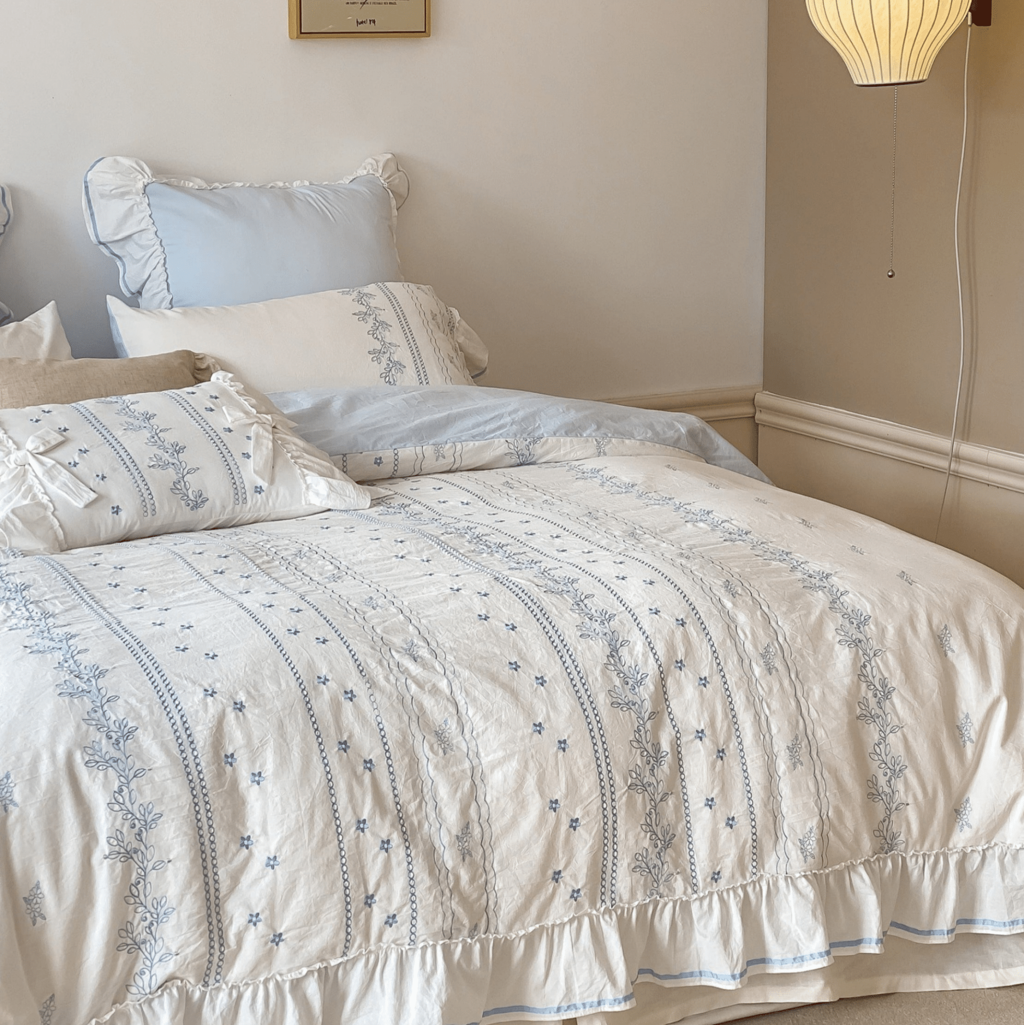 Embroidered French Lace Ruffle Duvet Cover / Blue - Ever Lasting